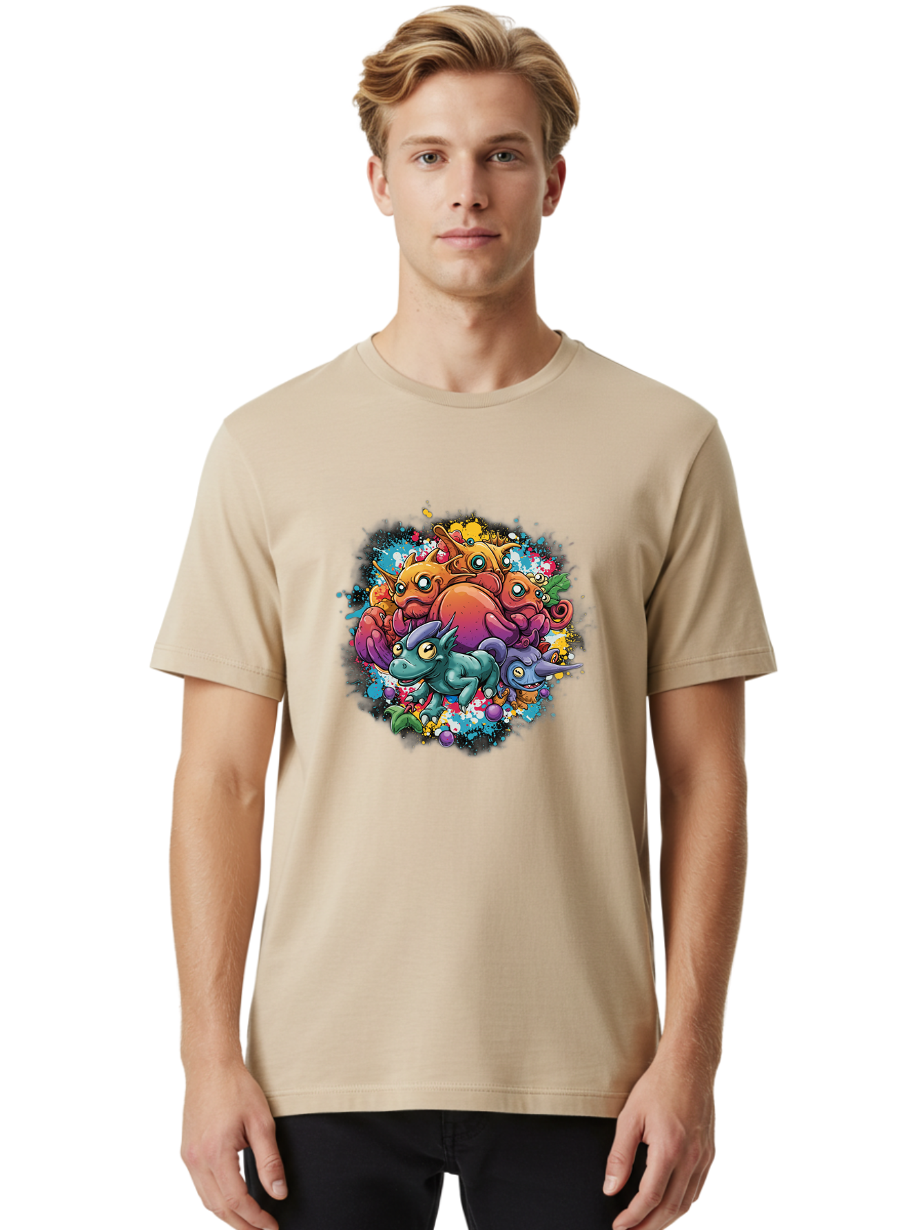 Colorful-Creatures Men'S Graphic Tee, 100% Cotton, Comfortable Casual Summer Wear, Machine Washable, Fantasy Creatures, Cartoon Characters, Colorful Illustration, Whimsical Creatures, Playful Design, Imaginative Art, Vibrant Colors, Baa385 10