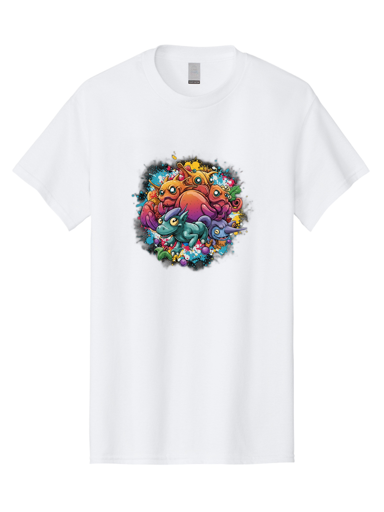 Colorful-Creatures Men'S Graphic Tee, 100% Cotton, Comfortable Casual Summer Wear, Machine Washable, Fantasy Creatures, Cartoon Characters, Colorful Illustration, Whimsical Creatures, Playful Design, Imaginative Art, Vibrant Colors, Baa385 25