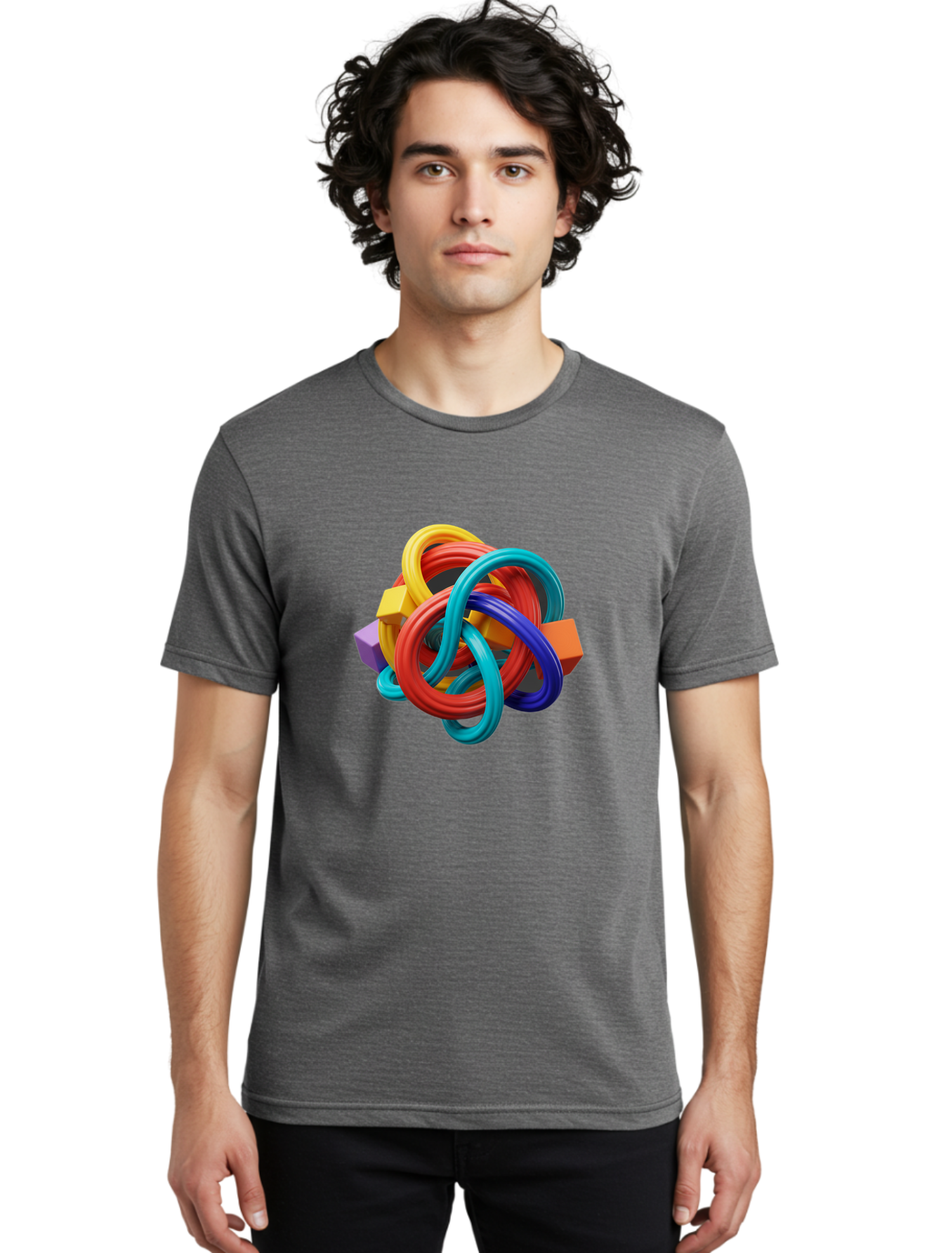 Colorful-Rings-And-Cubes Men'S Graphic Tee, 100% Cotton, Comfortable Casual Summer Wear, Machine Washable, Interconnected Rings, 3D Graphics, Colorful Shapes, Abstract Art, Vibrant Colors, Geometric Forms, Dynamic Composition, Modern Design, Baa393 18