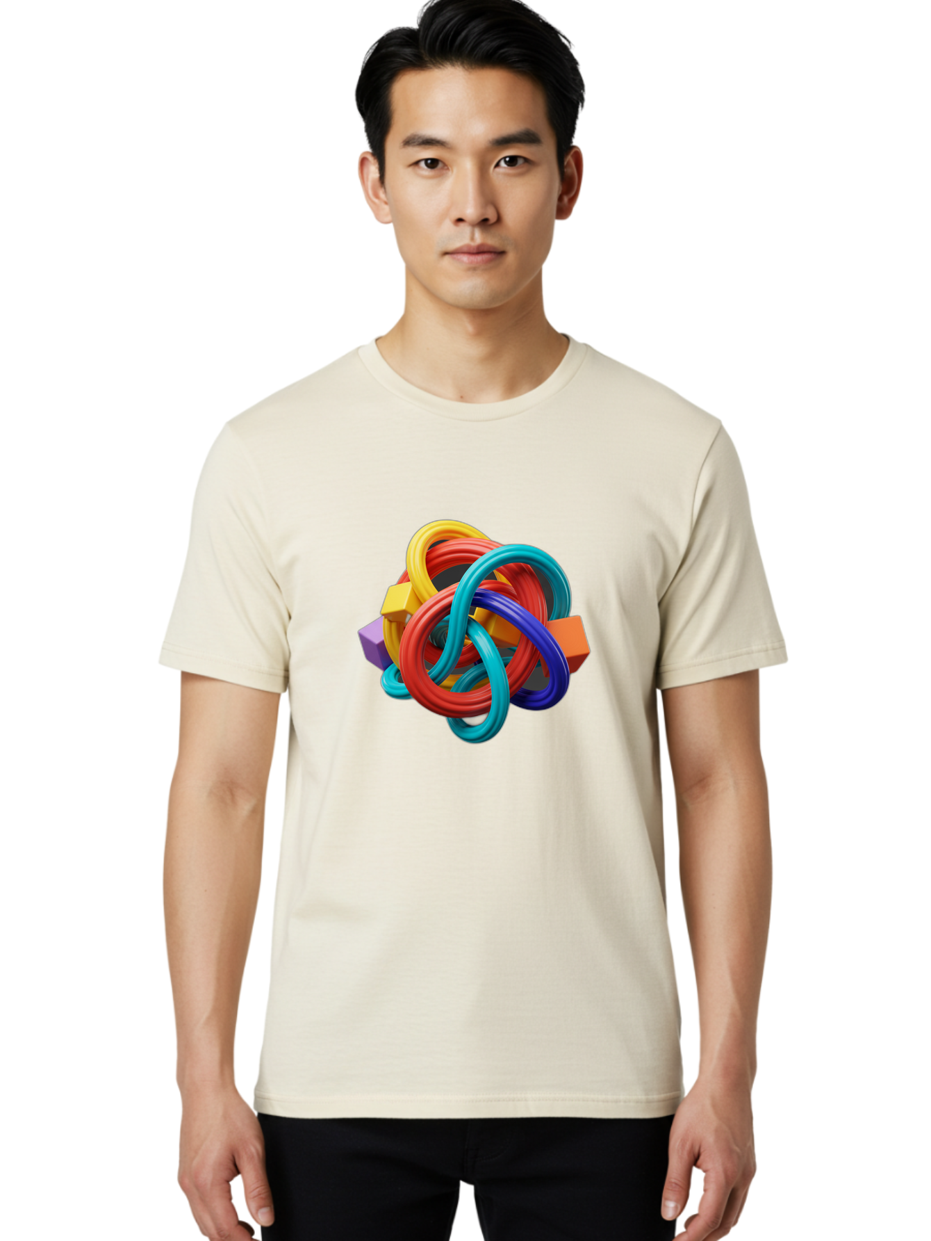 Colorful-Rings-And-Cubes Men'S Graphic Tee, 100% Cotton, Comfortable Casual Summer Wear, Machine Washable, Interconnected Rings, 3D Graphics, Colorful Shapes, Abstract Art, Vibrant Colors, Geometric Forms, Dynamic Composition, Modern Design, Baa393 10