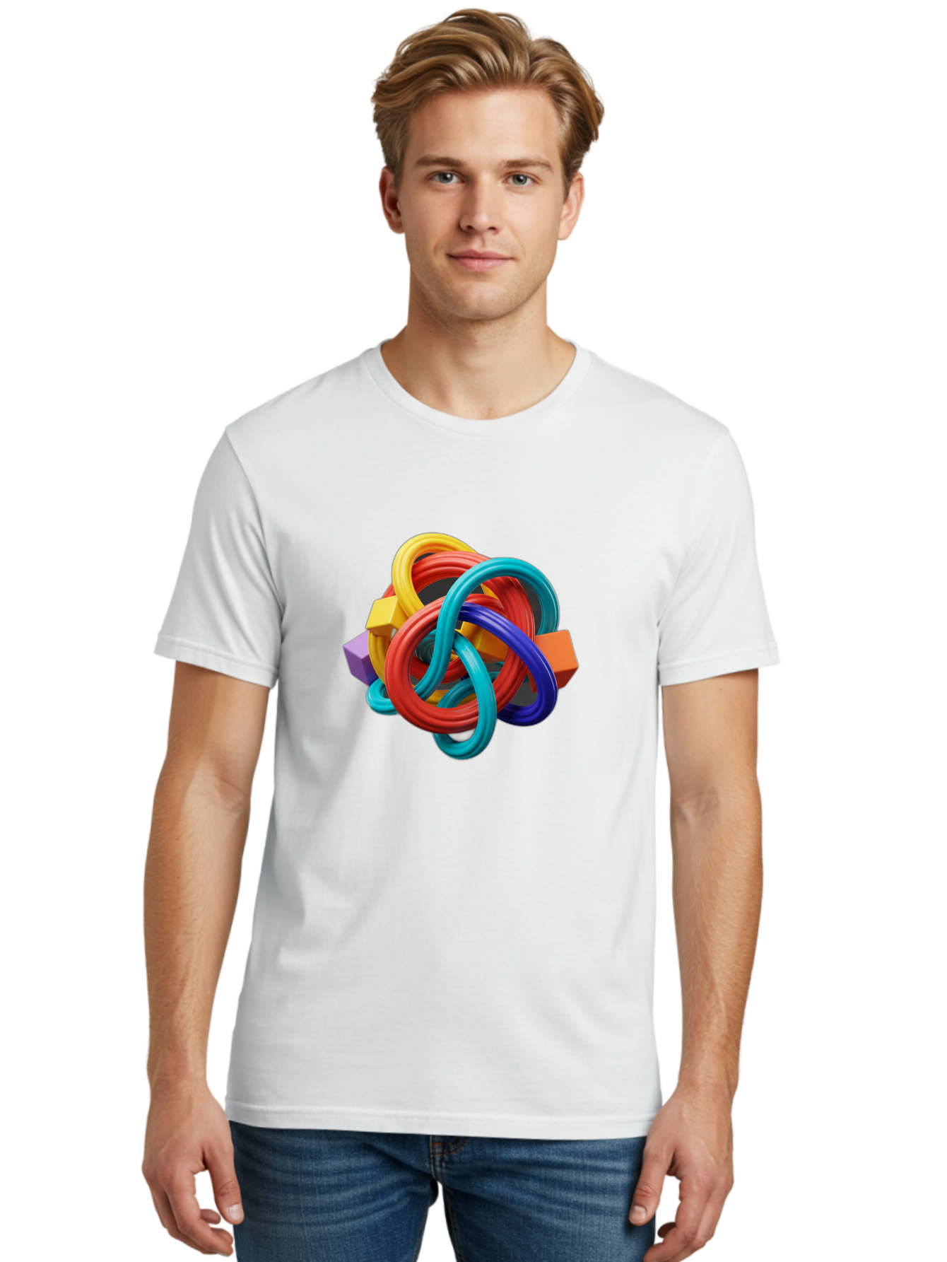 Colorful-Rings-And-Cubes Men'S Graphic Tee, 100% Cotton, Comfortable Casual Summer Wear, Machine Washable, Interconnected Rings, 3D Graphics, Colorful Shapes, Abstract Art, Vibrant Colors, Geometric Forms, Dynamic Composition, Modern Design, Baa393 8