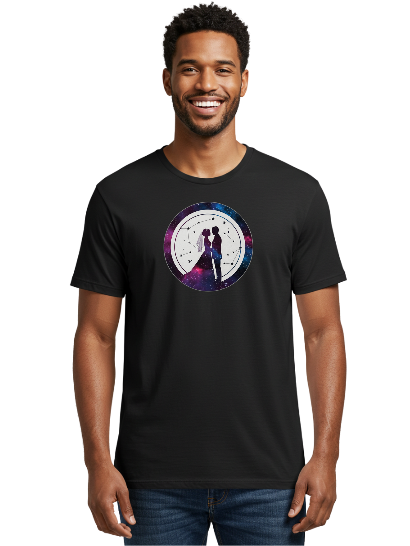 Couple-Silhouette-2 Men'S Graphic Tee, 100% Cotton, Comfortable Casual Summer Wear, Machine Washable, Couple Silhouette, Starry Night Sky, Constellation Pattern, Galaxy Background, Romance, Love, Wedding, Astrology, Celestial Theme, Baa407 30