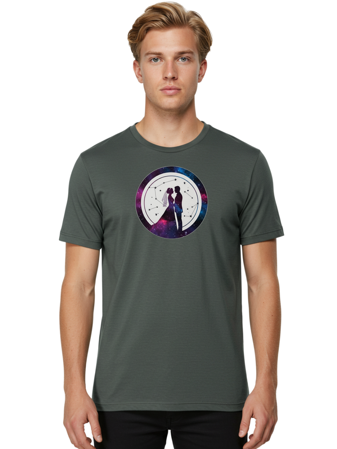 Couple-Silhouette-2 Men'S Graphic Tee, 100% Cotton, Comfortable Casual Summer Wear, Machine Washable, Couple Silhouette, Starry Night Sky, Constellation Pattern, Galaxy Background, Romance, Love, Wedding, Astrology, Celestial Theme, Baa407 14
