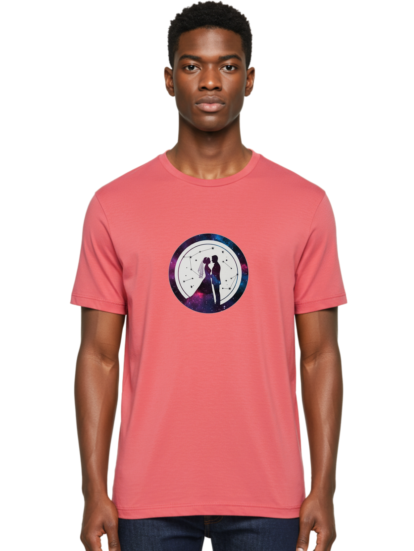 Couple-Silhouette-2 Men'S Graphic Tee, 100% Cotton, Comfortable Casual Summer Wear, Machine Washable, Couple Silhouette, Starry Night Sky, Constellation Pattern, Galaxy Background, Romance, Love, Wedding, Astrology, Celestial Theme, Baa407 24