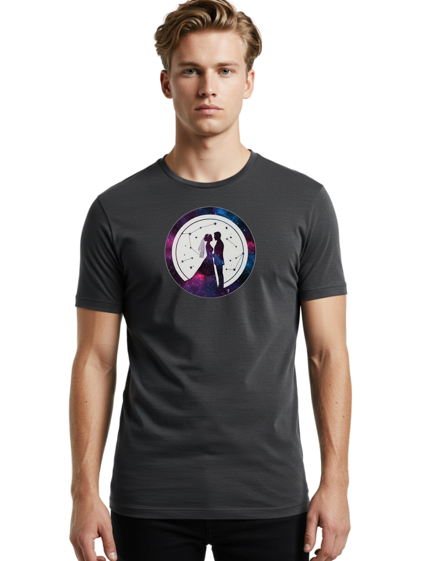 Couple-Silhouette-2 Men'S Graphic Tee, 100% Cotton, Comfortable Casual Summer Wear, Machine Washable, Couple Silhouette, Starry Night Sky, Constellation Pattern, Galaxy Background, Romance, Love, Wedding, Astrology, Celestial Theme, Baa407 28