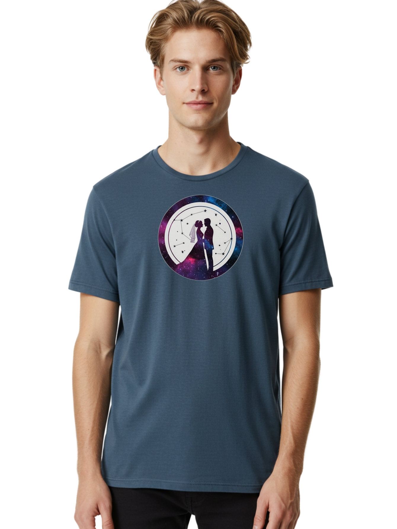 Couple-Silhouette-2 Men'S Graphic Tee, 100% Cotton, Comfortable Casual Summer Wear, Machine Washable, Couple Silhouette, Starry Night Sky, Constellation Pattern, Galaxy Background, Romance, Love, Wedding, Astrology, Celestial Theme, Baa407 10