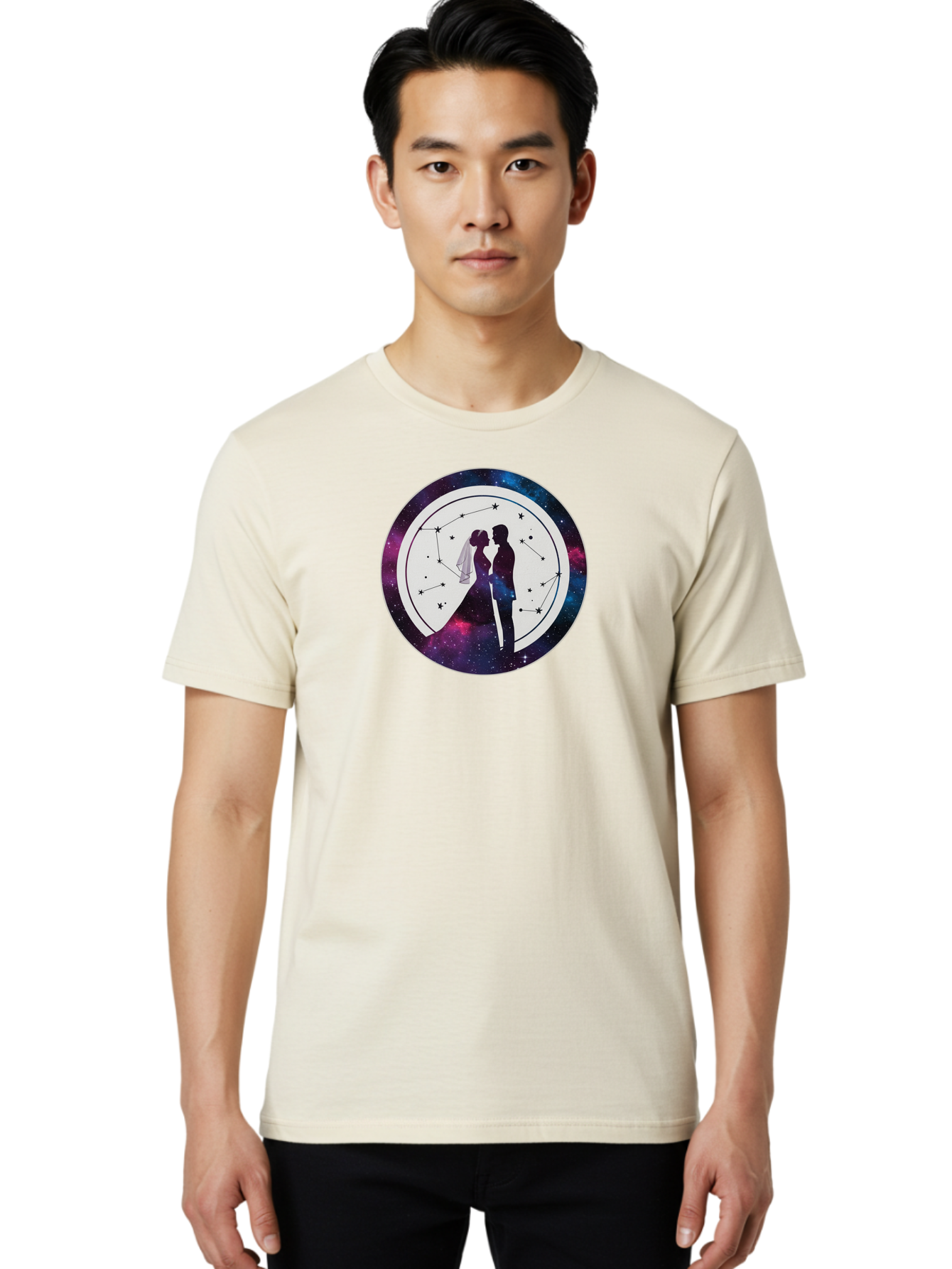 Couple-Silhouette-2 Men'S Graphic Tee, 100% Cotton, Comfortable Casual Summer Wear, Machine Washable, Couple Silhouette, Starry Night Sky, Constellation Pattern, Galaxy Background, Romance, Love, Wedding, Astrology, Celestial Theme, Baa407 22
