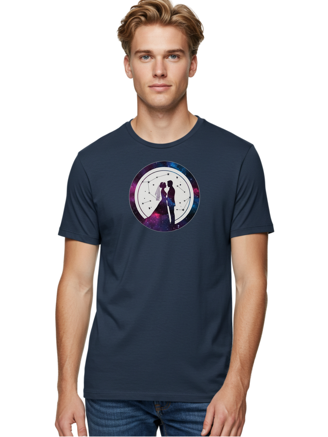 Couple-Silhouette-2 Men'S Graphic Tee, 100% Cotton, Comfortable Casual Summer Wear, Machine Washable, Couple Silhouette, Starry Night Sky, Constellation Pattern, Galaxy Background, Romance, Love, Wedding, Astrology, Celestial Theme, Baa407 8