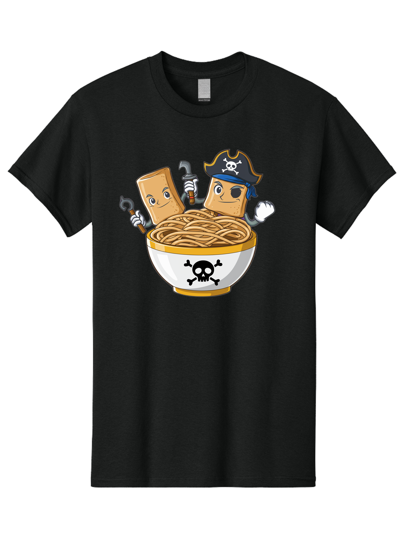 Crackers-In-A-Skull-Bowl Men'S Graphic Tee, 100% Cotton, Comfortable Casual Summer Wear, Machine Washable, Cartoon Crackers, Pirate-Themed, Noodles In Bowl, Skull And Crossbones, Playful Cartoon, Pirate Crackers, Animated Noodles, Baa412 13