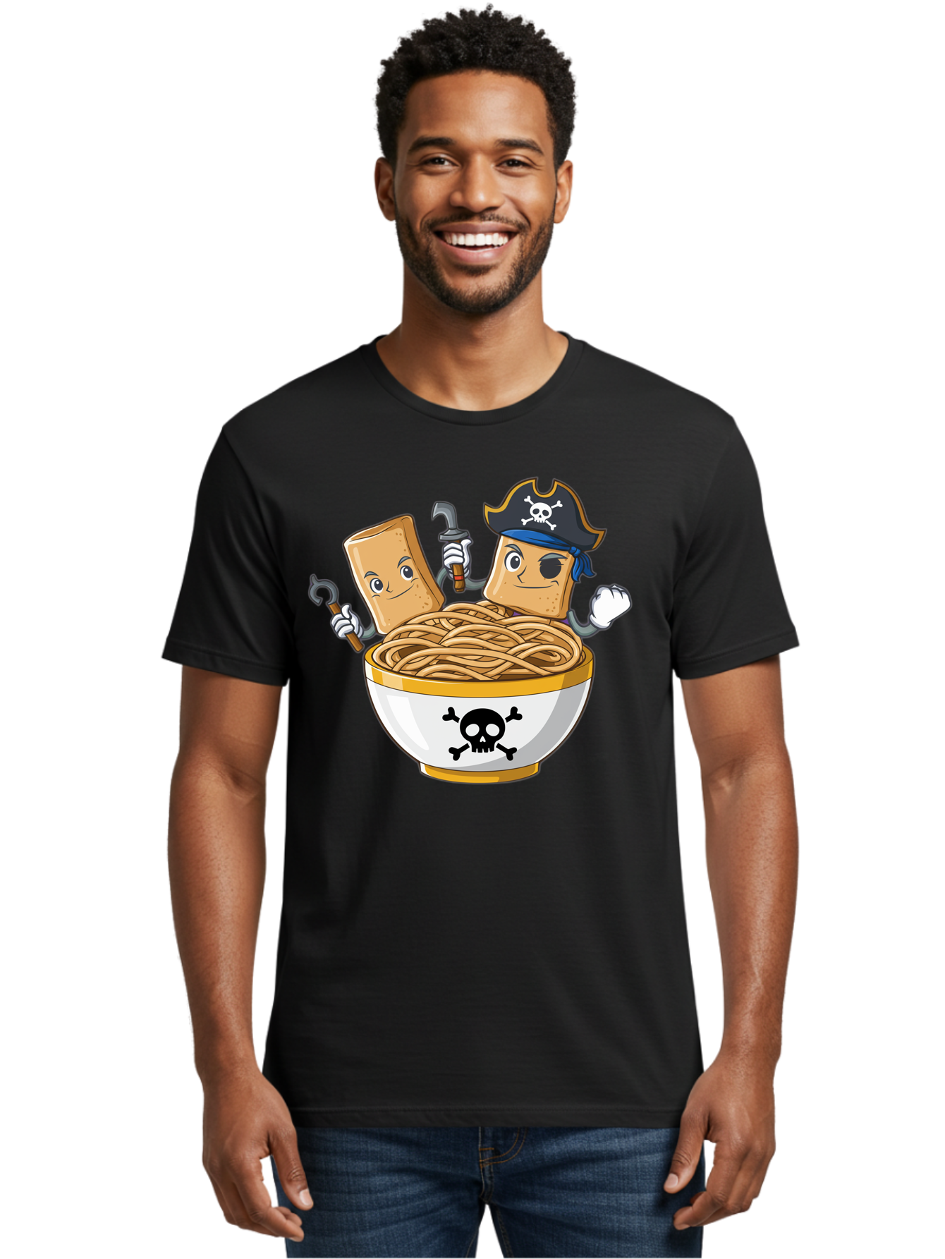 Crackers-In-A-Skull-Bowl Men'S Graphic Tee, 100% Cotton, Comfortable Casual Summer Wear, Machine Washable, Cartoon Crackers, Pirate-Themed, Noodles In Bowl, Skull And Crossbones, Playful Cartoon, Pirate Crackers, Animated Noodles, Baa412 14