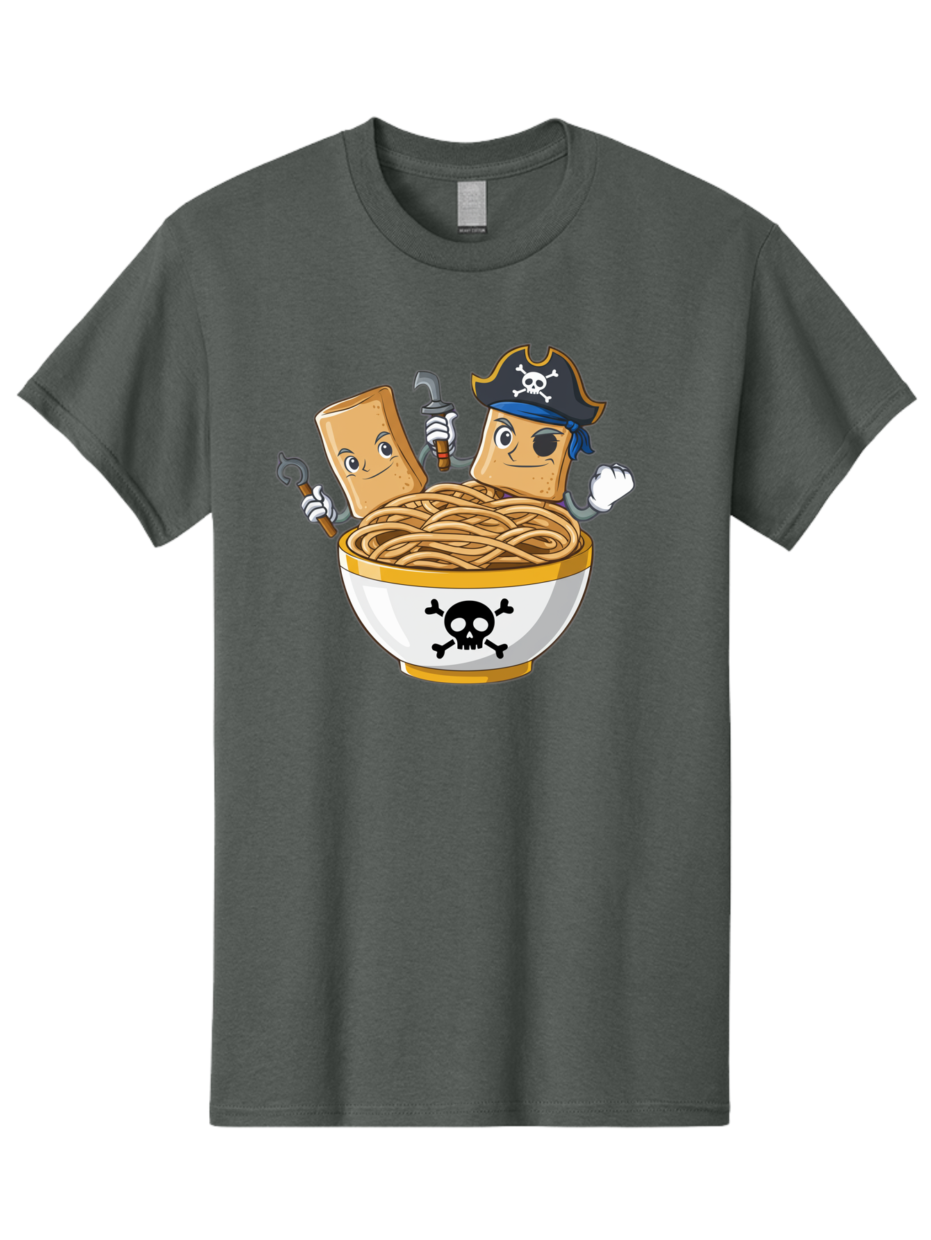 Crackers-In-A-Skull-Bowl Men'S Graphic Tee, 100% Cotton, Comfortable Casual Summer Wear, Machine Washable, Cartoon Crackers, Pirate-Themed, Noodles In Bowl, Skull And Crossbones, Playful Cartoon, Pirate Crackers, Animated Noodles, Baa412 7