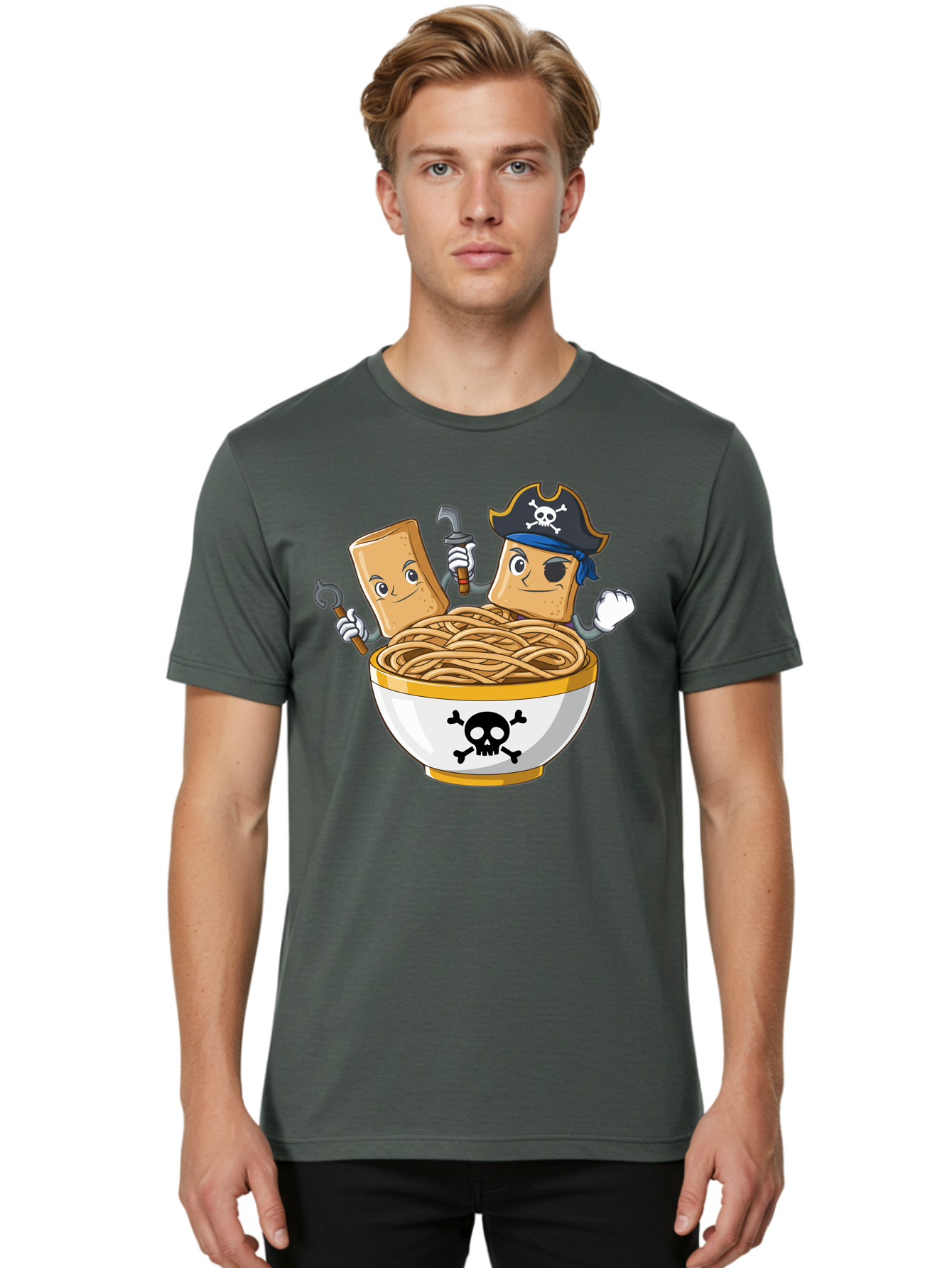 Crackers-In-A-Skull-Bowl Men'S Graphic Tee, 100% Cotton, Comfortable Casual Summer Wear, Machine Washable, Cartoon Crackers, Pirate-Themed, Noodles In Bowl, Skull And Crossbones, Playful Cartoon, Pirate Crackers, Animated Noodles, Baa412 8