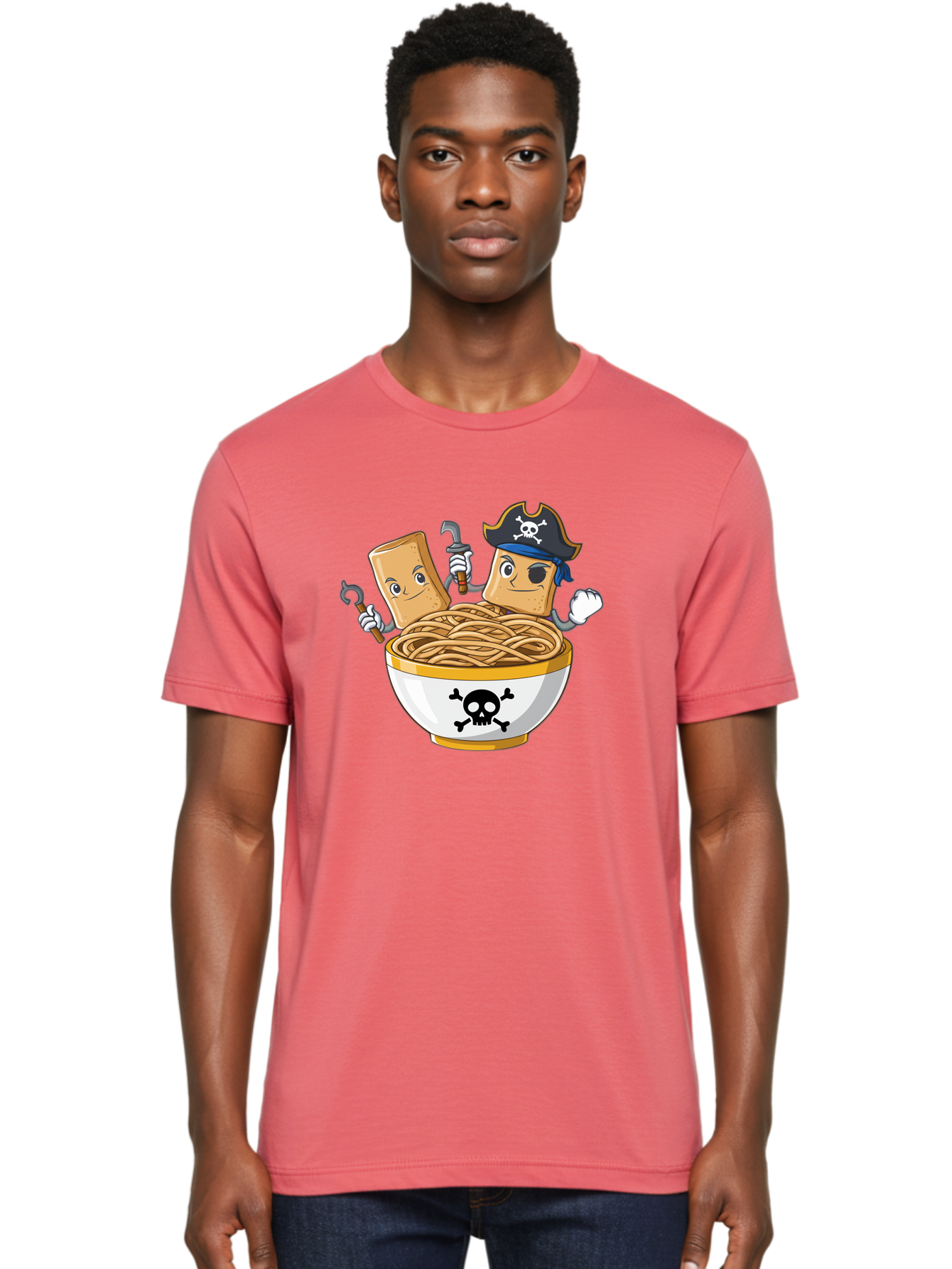 Crackers-In-A-Skull-Bowl Men'S Graphic Tee, 100% Cotton, Comfortable Casual Summer Wear, Machine Washable, Cartoon Crackers, Pirate-Themed, Noodles In Bowl, Skull And Crossbones, Playful Cartoon, Pirate Crackers, Animated Noodles, Baa412 18