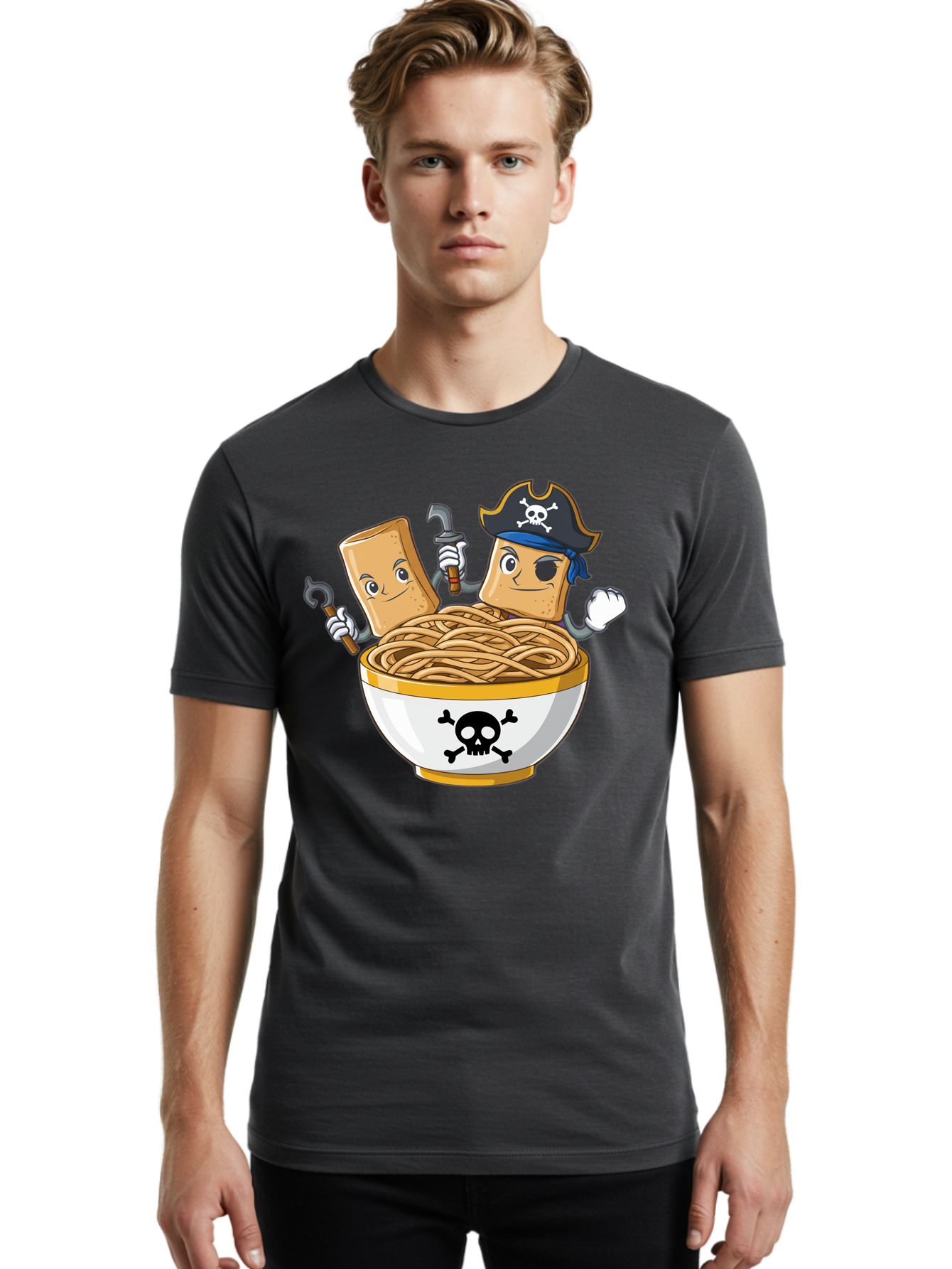 Crackers-In-A-Skull-Bowl Men'S Graphic Tee, 100% Cotton, Comfortable Casual Summer Wear, Machine Washable, Cartoon Crackers, Pirate-Themed, Noodles In Bowl, Skull And Crossbones, Playful Cartoon, Pirate Crackers, Animated Noodles, Baa412 20