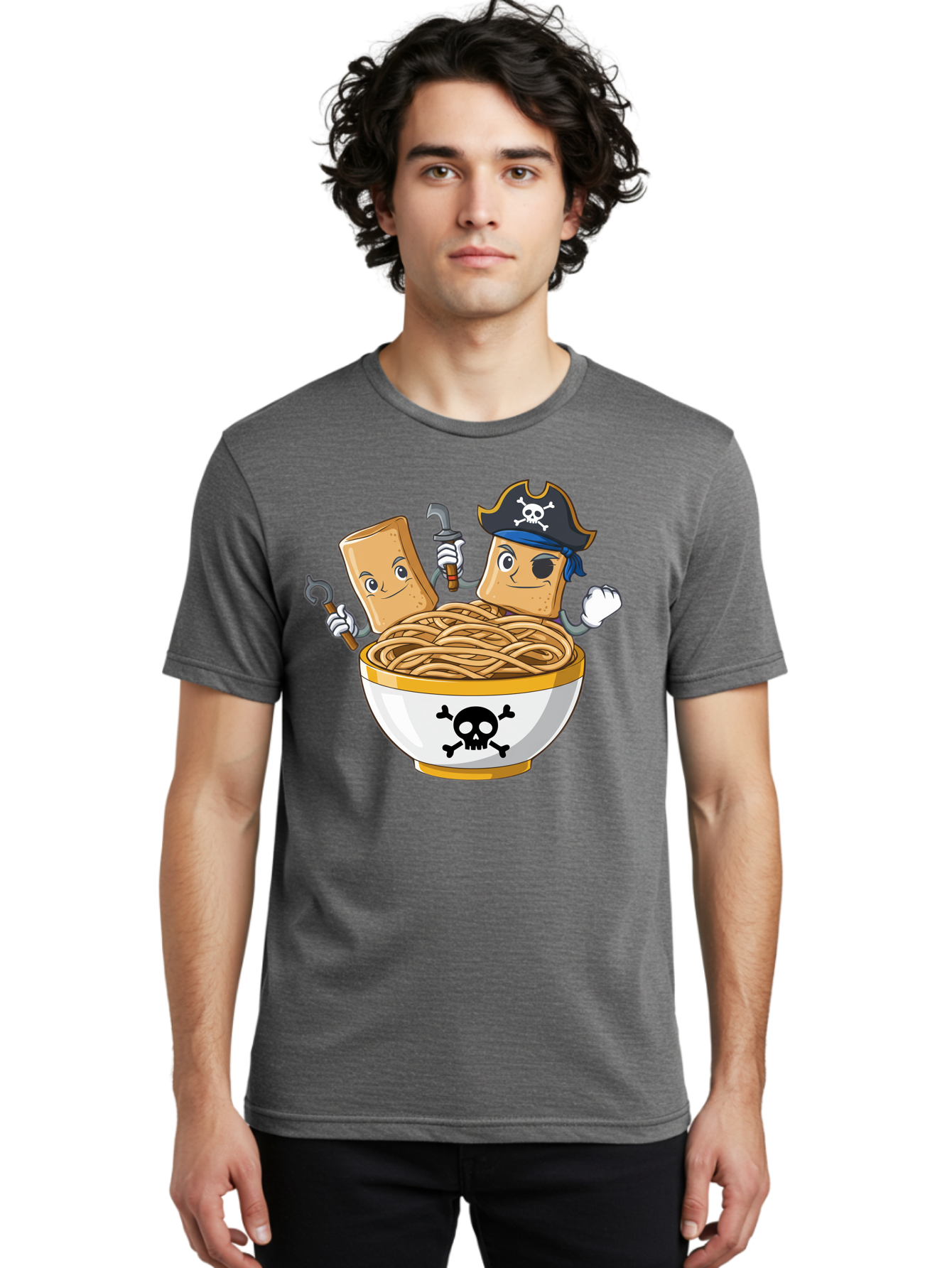 Crackers-In-A-Skull-Bowl Men'S Graphic Tee, 100% Cotton, Comfortable Casual Summer Wear, Machine Washable, Cartoon Crackers, Pirate-Themed, Noodles In Bowl, Skull And Crossbones, Playful Cartoon, Pirate Crackers, Animated Noodles, Baa412 10