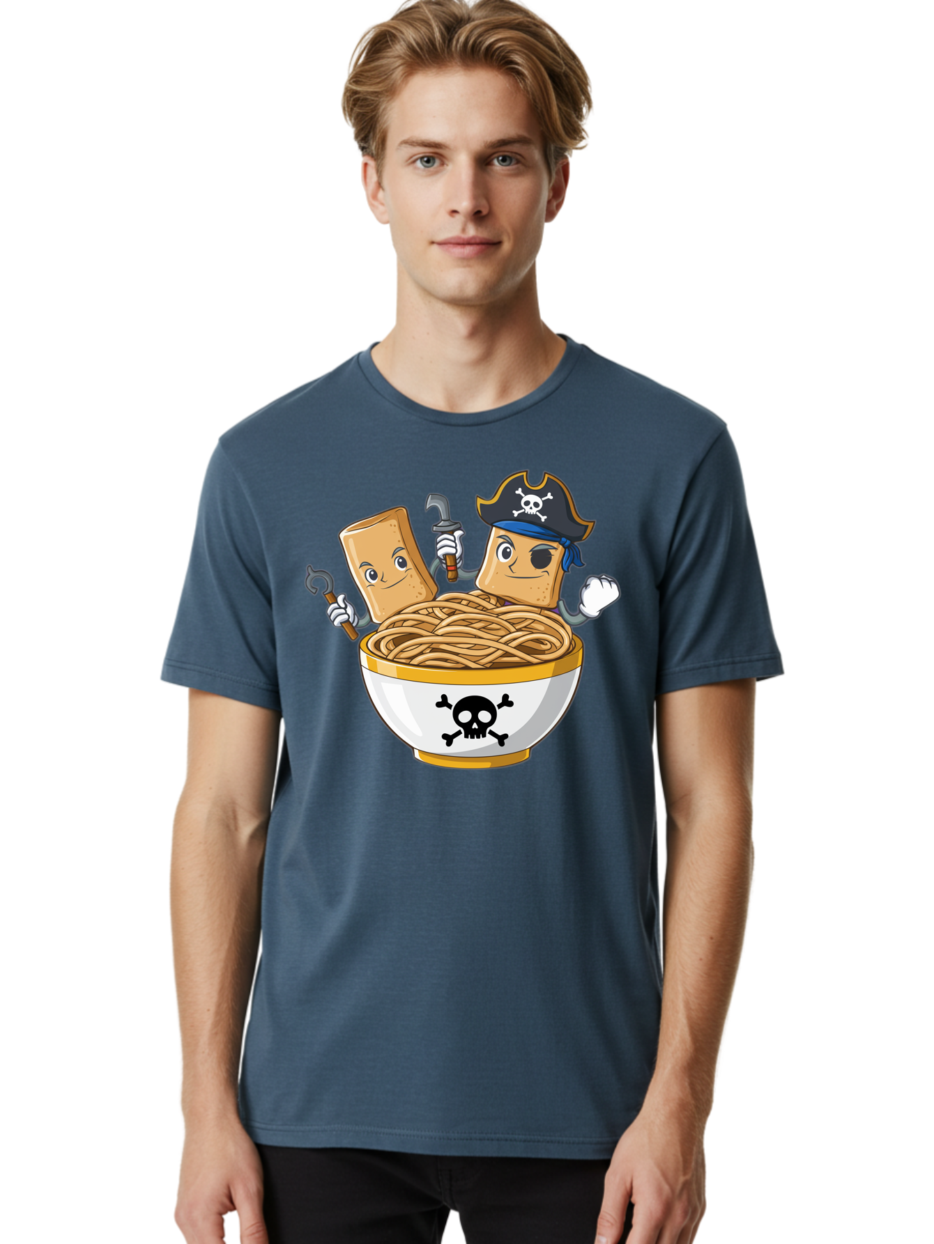 Crackers-In-A-Skull-Bowl Men'S Graphic Tee, 100% Cotton, Comfortable Casual Summer Wear, Machine Washable, Cartoon Crackers, Pirate-Themed, Noodles In Bowl, Skull And Crossbones, Playful Cartoon, Pirate Crackers, Animated Noodles, Baa412 30