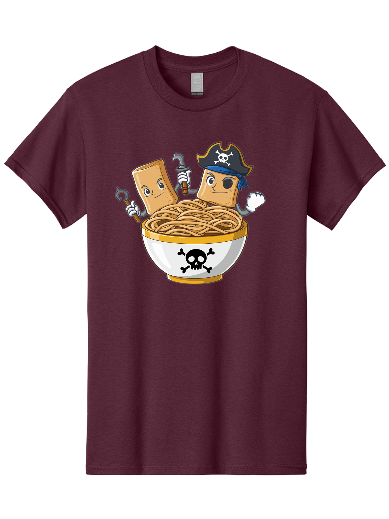 Crackers-In-A-Skull-Bowl Men'S Graphic Tee, 100% Cotton, Comfortable Casual Summer Wear, Machine Washable, Cartoon Crackers, Pirate-Themed, Noodles In Bowl, Skull And Crossbones, Playful Cartoon, Pirate Crackers, Animated Noodles, Baa412 11