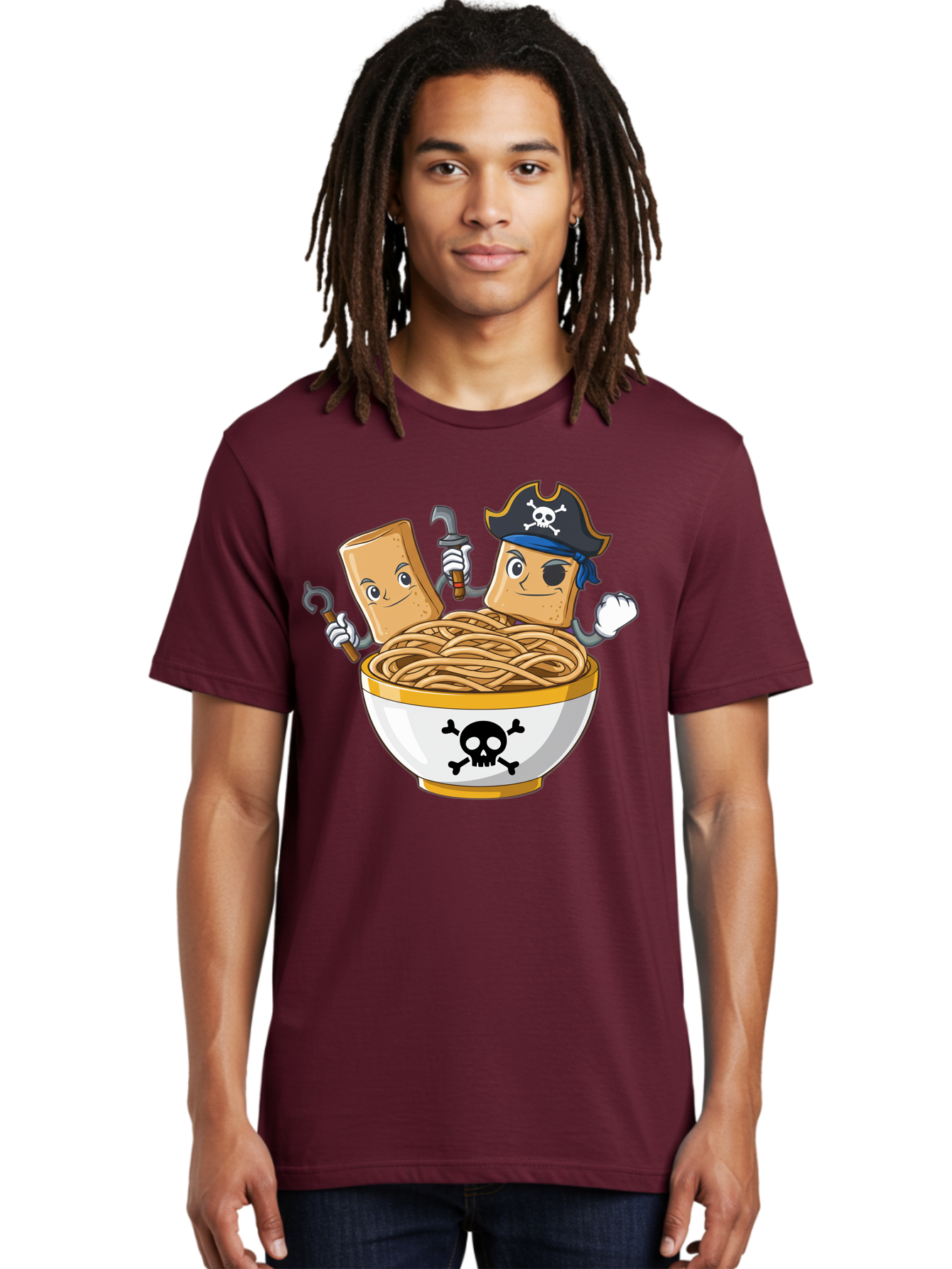 Crackers-In-A-Skull-Bowl Men'S Graphic Tee, 100% Cotton, Comfortable Casual Summer Wear, Machine Washable, Cartoon Crackers, Pirate-Themed, Noodles In Bowl, Skull And Crossbones, Playful Cartoon, Pirate Crackers, Animated Noodles, Baa412 12
