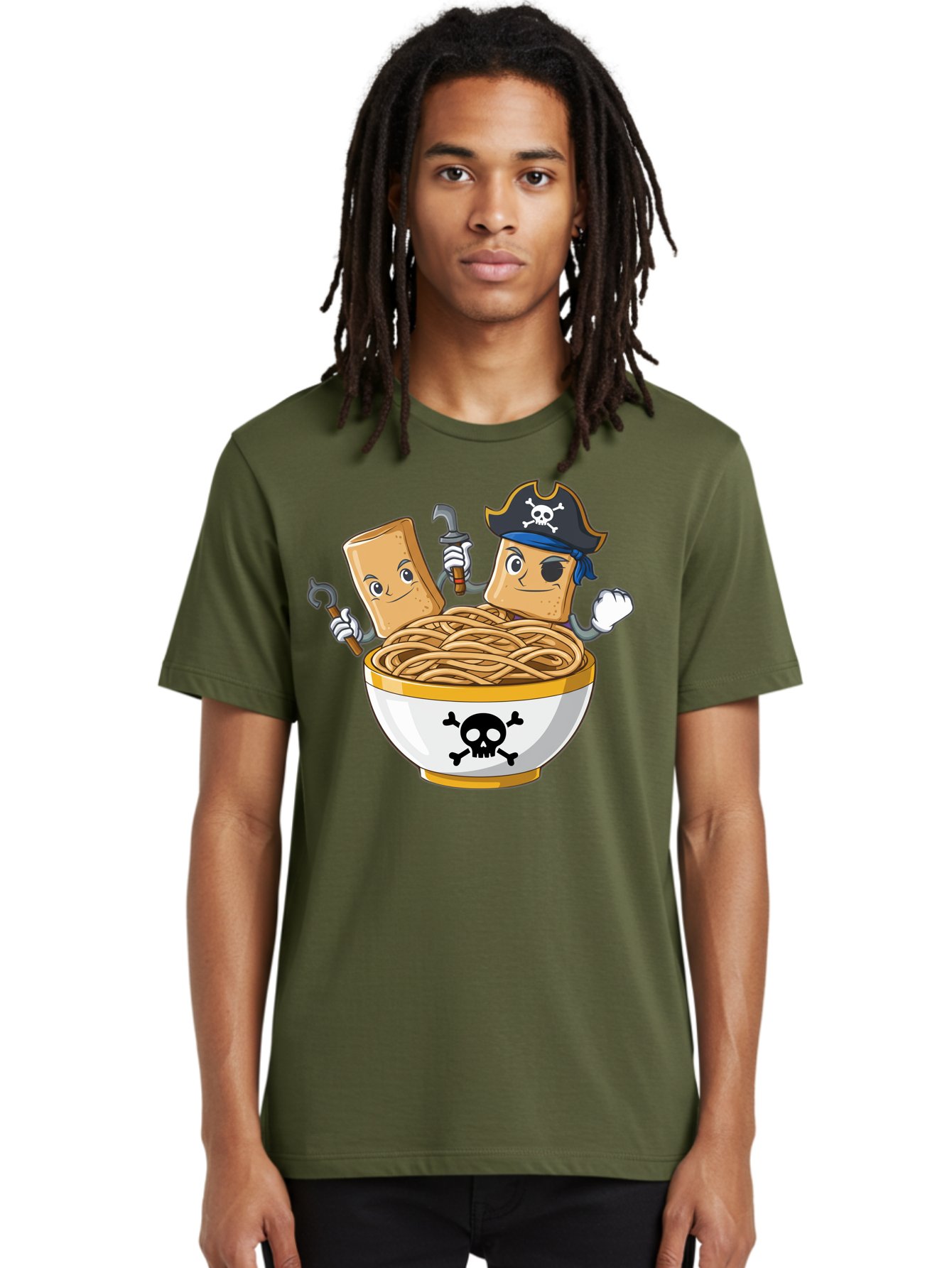 Crackers-In-A-Skull-Bowl Men'S Graphic Tee, 100% Cotton, Comfortable Casual Summer Wear, Machine Washable, Cartoon Crackers, Pirate-Themed, Noodles In Bowl, Skull And Crossbones, Playful Cartoon, Pirate Crackers, Animated Noodles, Baa412 24