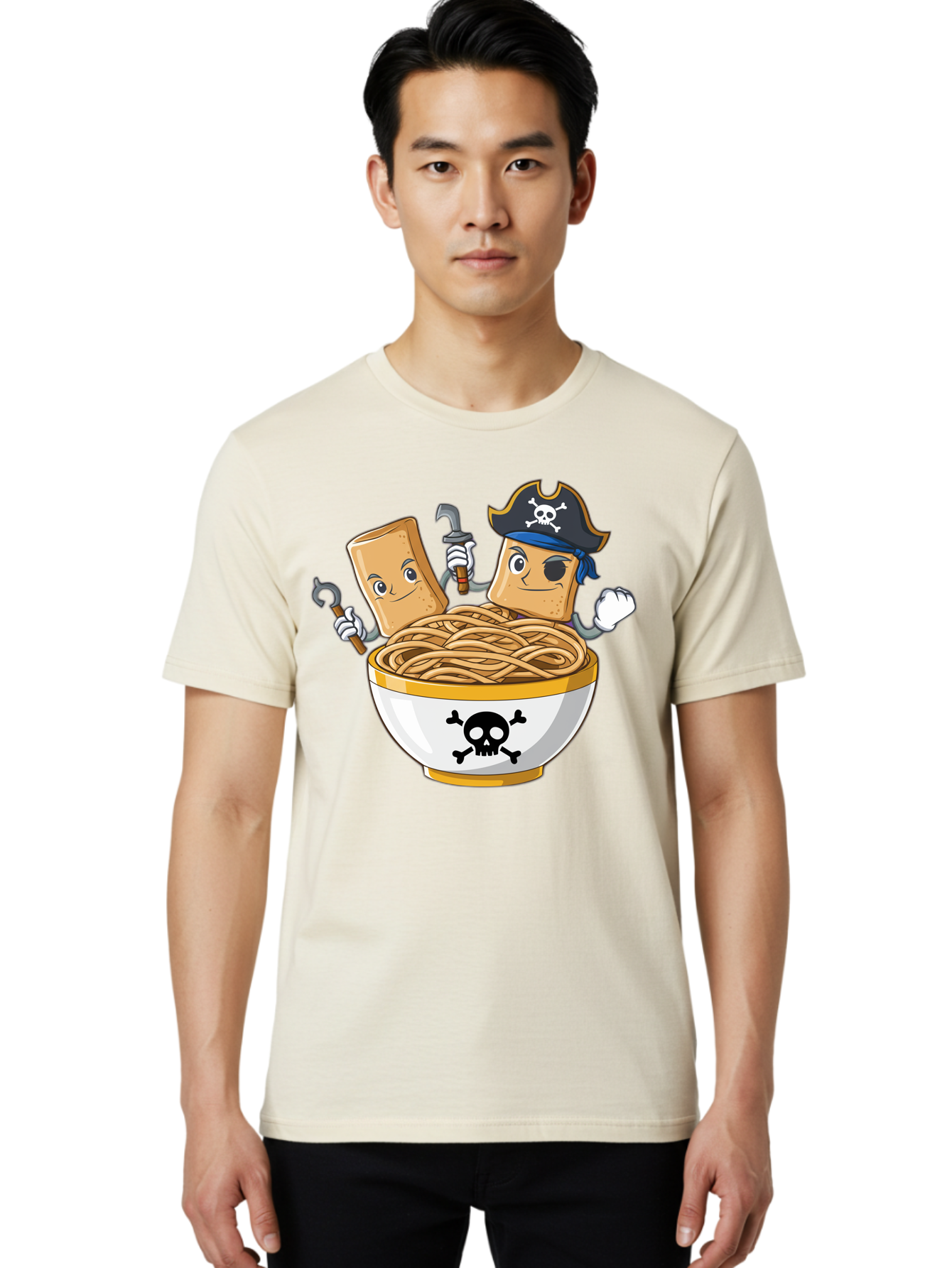 Crackers-In-A-Skull-Bowl Men'S Graphic Tee, 100% Cotton, Comfortable Casual Summer Wear, Machine Washable, Cartoon Crackers, Pirate-Themed, Noodles In Bowl, Skull And Crossbones, Playful Cartoon, Pirate Crackers, Animated Noodles, Baa412 26