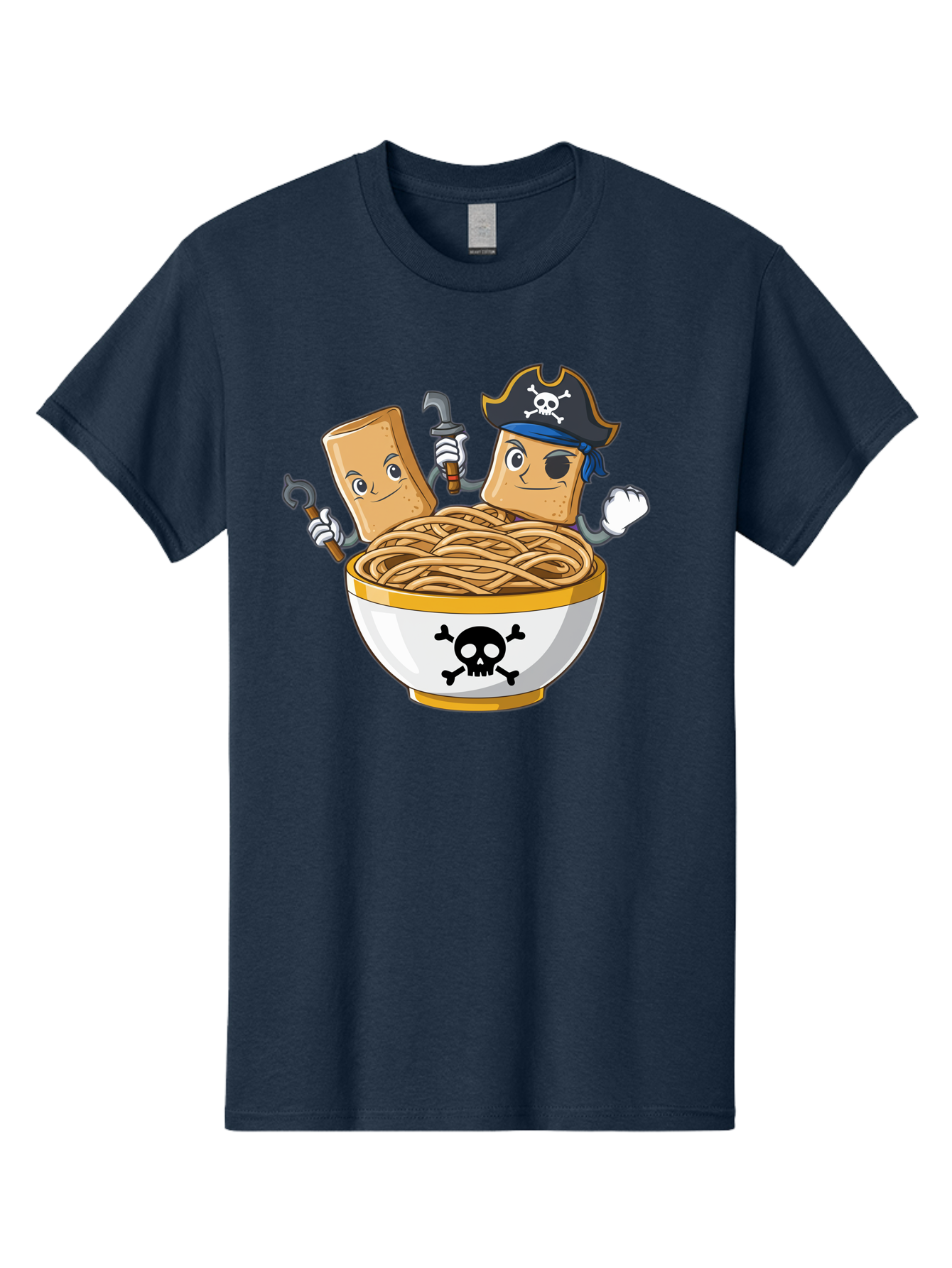 Crackers-In-A-Skull-Bowl Men'S Graphic Tee, 100% Cotton, Comfortable Casual Summer Wear, Machine Washable, Cartoon Crackers, Pirate-Themed, Noodles In Bowl, Skull And Crossbones, Playful Cartoon, Pirate Crackers, Animated Noodles, Baa412 1