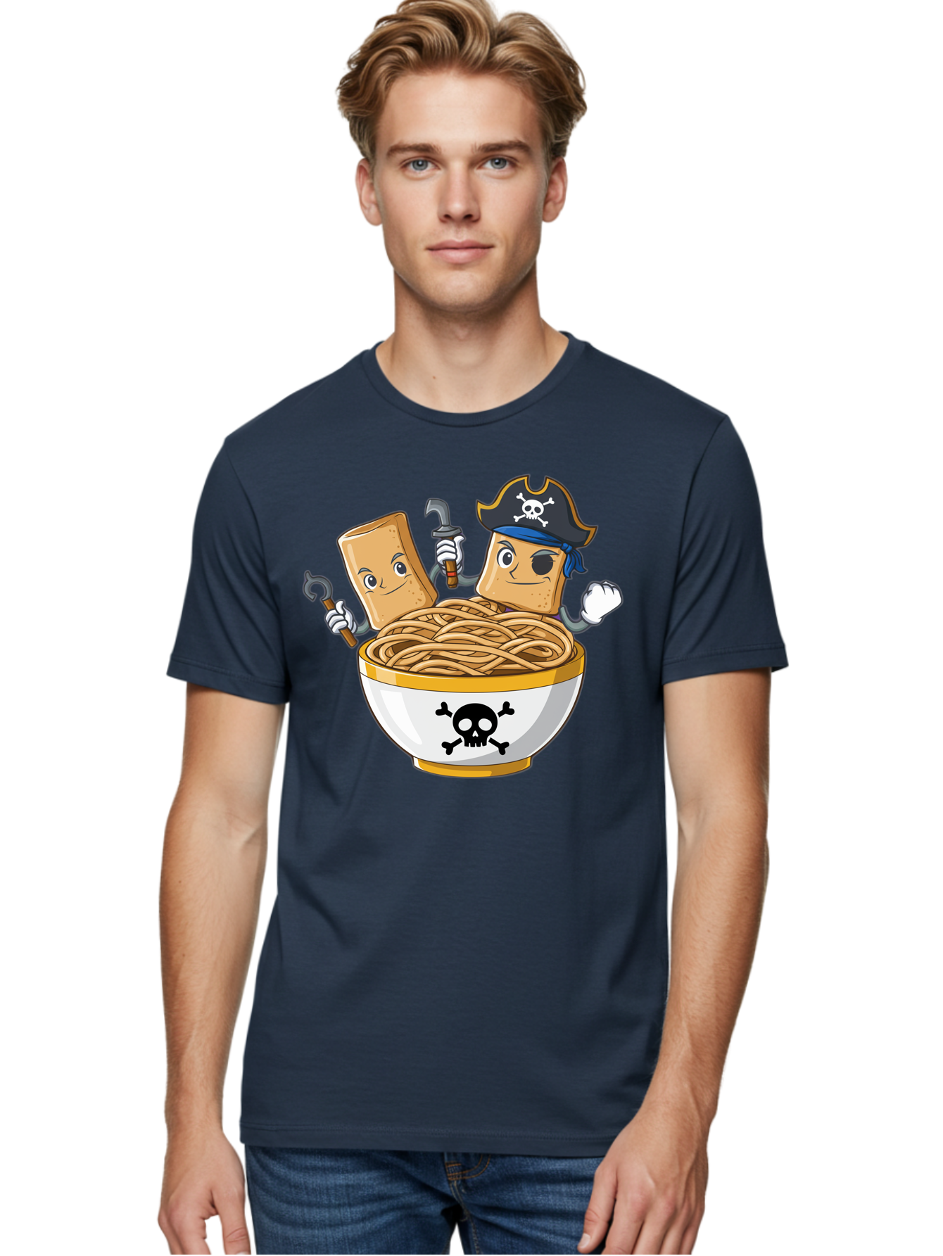 Crackers-In-A-Skull-Bowl Men'S Graphic Tee, 100% Cotton, Comfortable Casual Summer Wear, Machine Washable, Cartoon Crackers, Pirate-Themed, Noodles In Bowl, Skull And Crossbones, Playful Cartoon, Pirate Crackers, Animated Noodles, Baa412 2