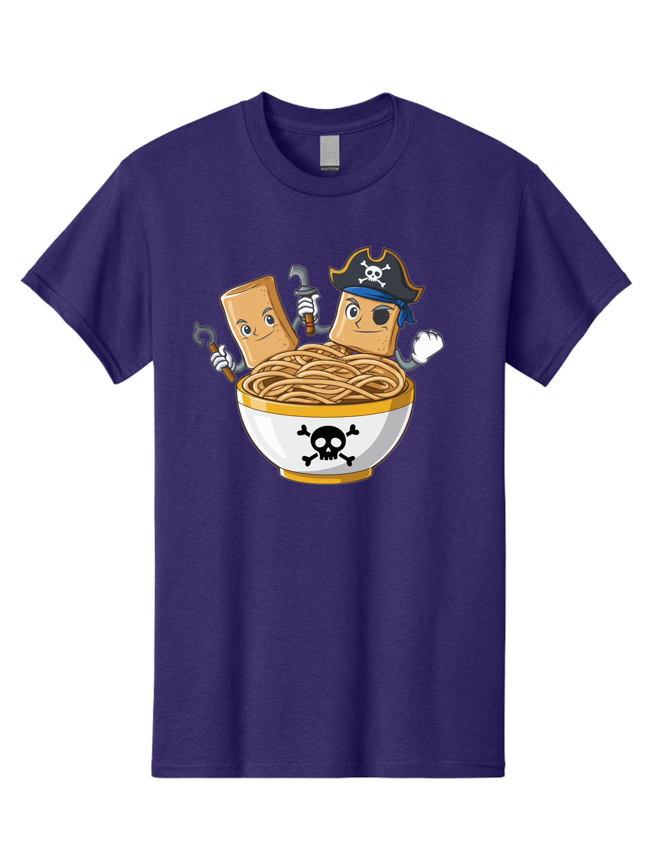 Crackers-In-A-Skull-Bowl Men'S Graphic Tee, 100% Cotton, Comfortable Casual Summer Wear, Machine Washable, Cartoon Crackers, Pirate-Themed, Noodles In Bowl, Skull And Crossbones, Playful Cartoon, Pirate Crackers, Animated Noodles, Baa412 21