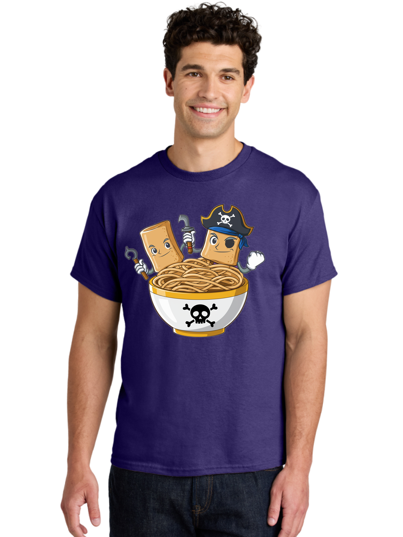 Crackers-In-A-Skull-Bowl Men'S Graphic Tee, 100% Cotton, Comfortable Casual Summer Wear, Machine Washable, Cartoon Crackers, Pirate-Themed, Noodles In Bowl, Skull And Crossbones, Playful Cartoon, Pirate Crackers, Animated Noodles, Baa412 22