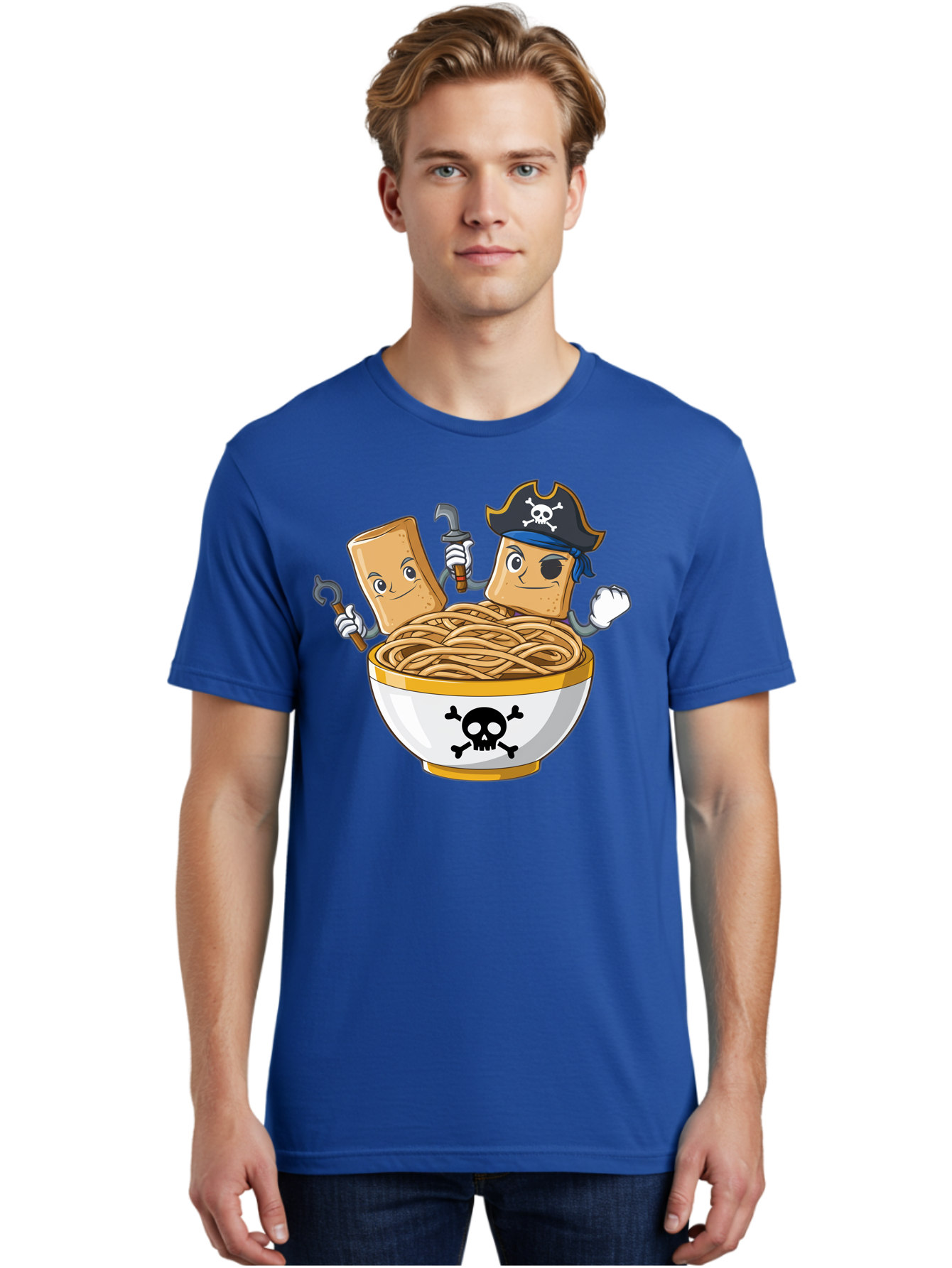 Crackers-In-A-Skull-Bowl Men'S Graphic Tee, 100% Cotton, Comfortable Casual Summer Wear, Machine Washable, Cartoon Crackers, Pirate-Themed, Noodles In Bowl, Skull And Crossbones, Playful Cartoon, Pirate Crackers, Animated Noodles, Baa412 16