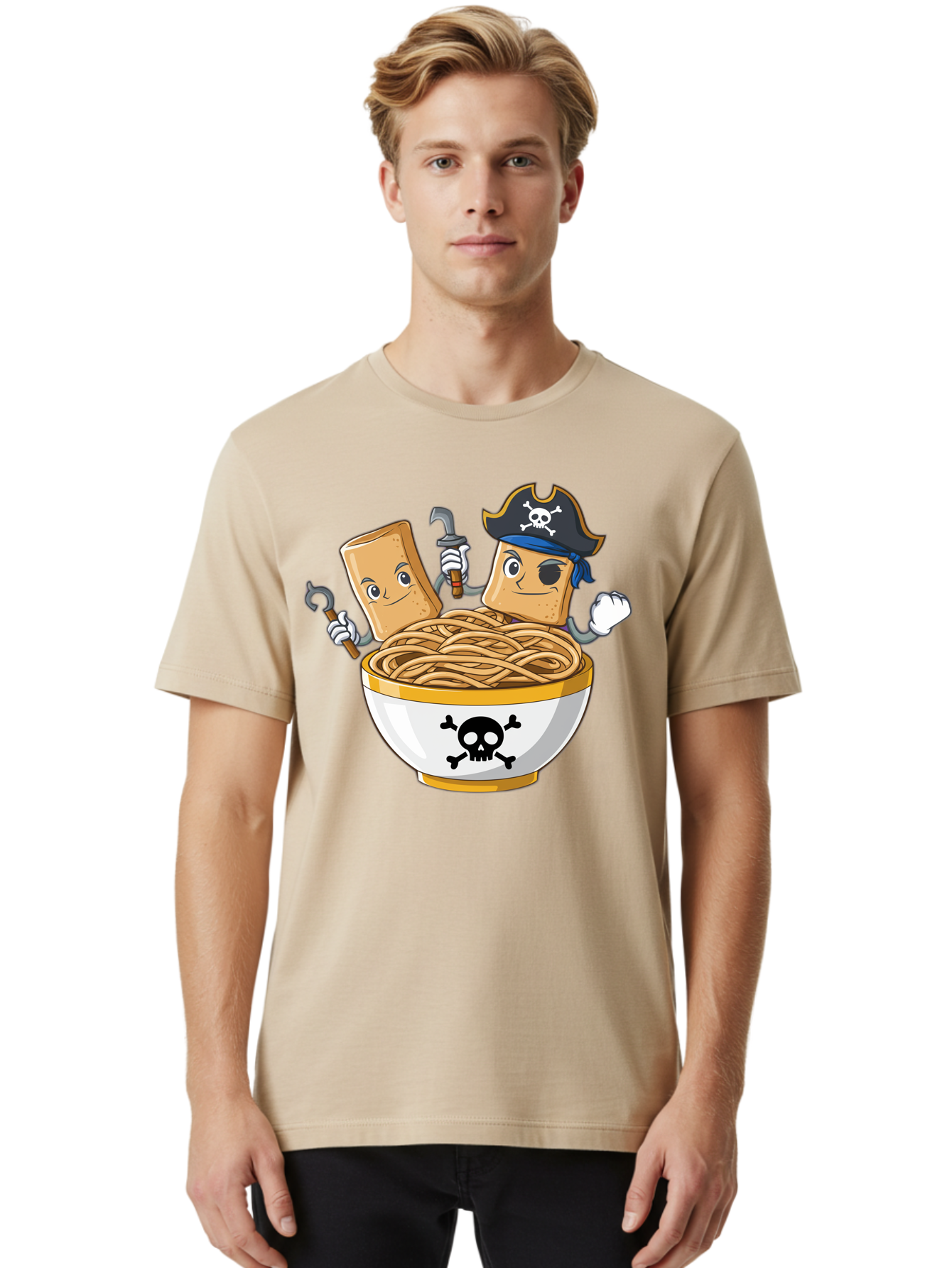 Crackers-In-A-Skull-Bowl Men'S Graphic Tee, 100% Cotton, Comfortable Casual Summer Wear, Machine Washable, Cartoon Crackers, Pirate-Themed, Noodles In Bowl, Skull And Crossbones, Playful Cartoon, Pirate Crackers, Animated Noodles, Baa412 28