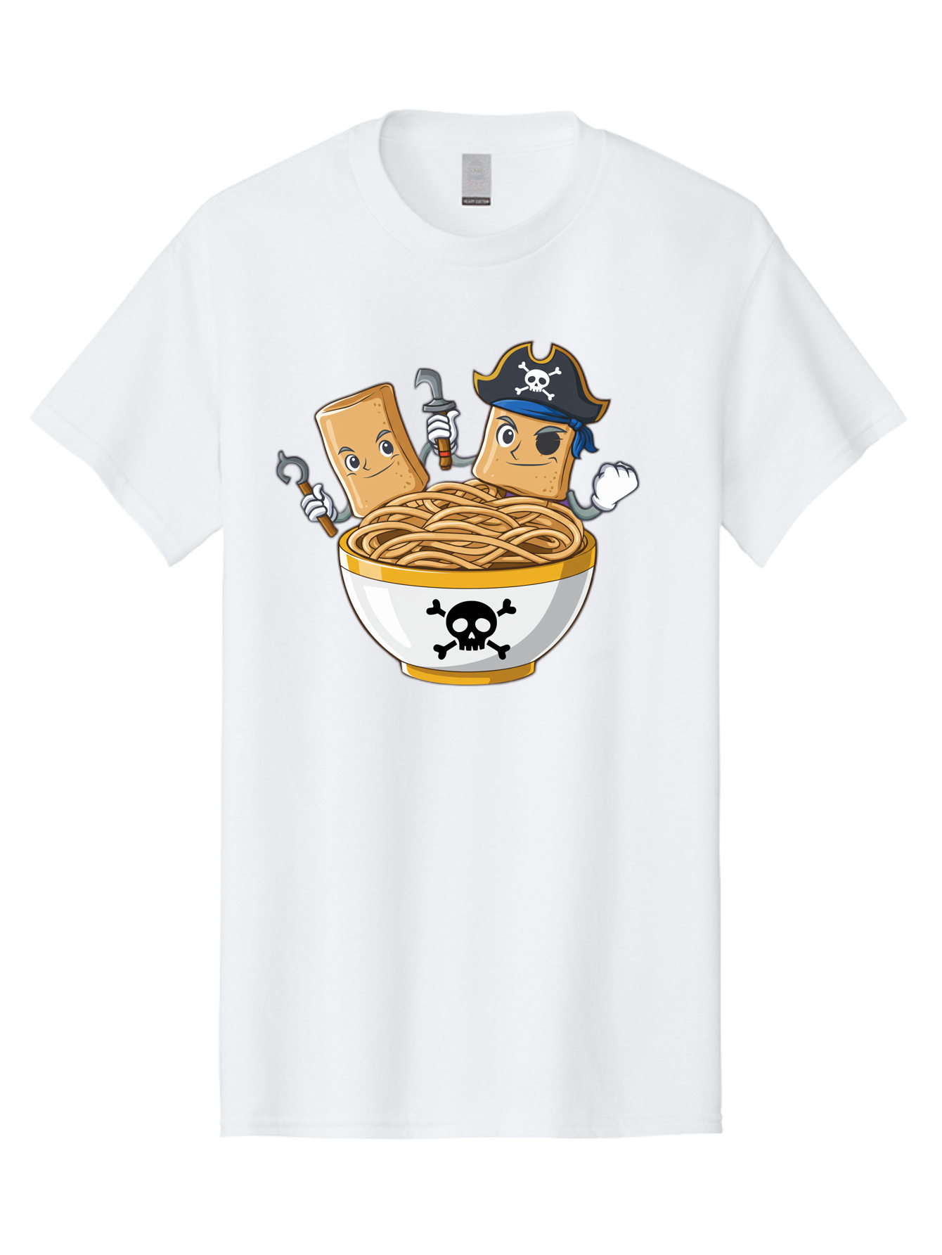 Crackers-In-A-Skull-Bowl Men'S Graphic Tee, 100% Cotton, Comfortable Casual Summer Wear, Machine Washable, Cartoon Crackers, Pirate-Themed, Noodles In Bowl, Skull And Crossbones, Playful Cartoon, Pirate Crackers, Animated Noodles, Baa412 5