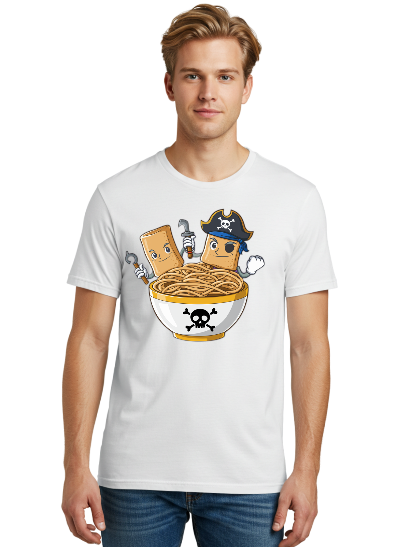 Crackers-In-A-Skull-Bowl Men'S Graphic Tee, 100% Cotton, Comfortable Casual Summer Wear, Machine Washable, Cartoon Crackers, Pirate-Themed, Noodles In Bowl, Skull And Crossbones, Playful Cartoon, Pirate Crackers, Animated Noodles, Baa412 6