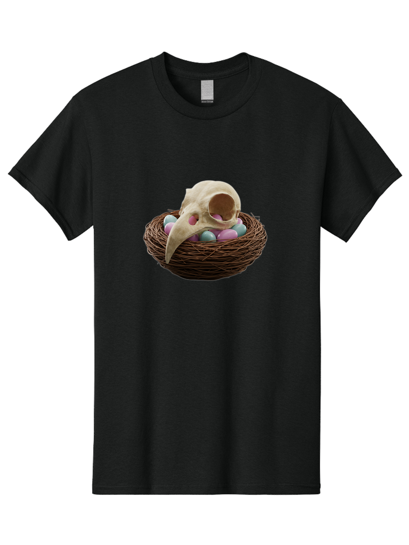 Crow-Skull-In-Nest Men'S Graphic Tee, 100% Cotton, Comfortable Casual Summer Wear, Machine Washable, Bird Skull In Nest, Pastel Eggs, Nest With Eggs, Bird Nest, Unusual Art, Surrealism, Quirky Decor, Unique Design, Bird Skull Art, Baa419 15