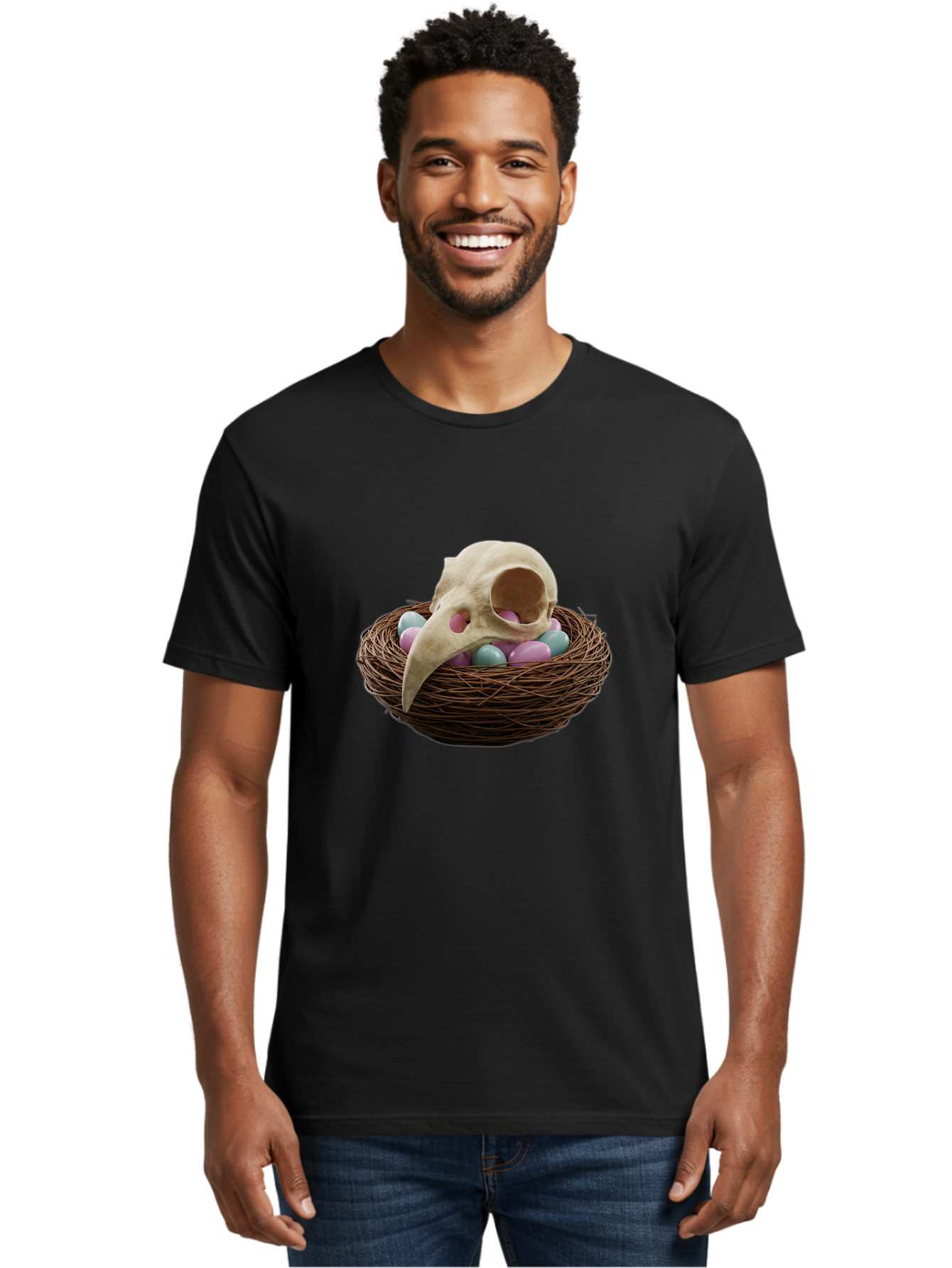 Crow-Skull-In-Nest Men'S Graphic Tee, 100% Cotton, Comfortable Casual Summer Wear, Machine Washable, Bird Skull In Nest, Pastel Eggs, Nest With Eggs, Bird Nest, Unusual Art, Surrealism, Quirky Decor, Unique Design, Bird Skull Art, Baa419 16