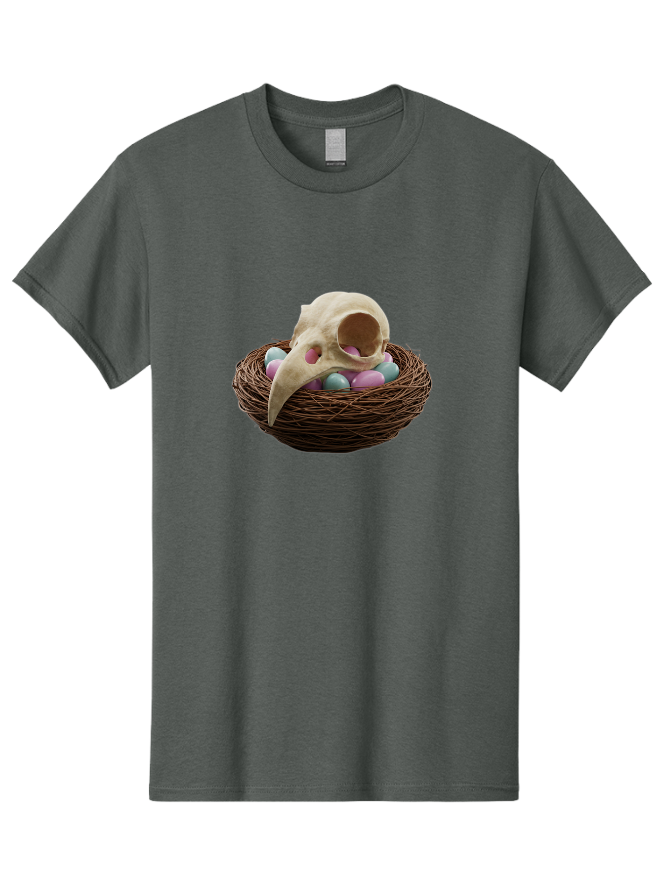 Crow-Skull-In-Nest Men'S Graphic Tee, 100% Cotton, Comfortable Casual Summer Wear, Machine Washable, Bird Skull In Nest, Pastel Eggs, Nest With Eggs, Bird Nest, Unusual Art, Surrealism, Quirky Decor, Unique Design, Bird Skull Art, Baa419 25