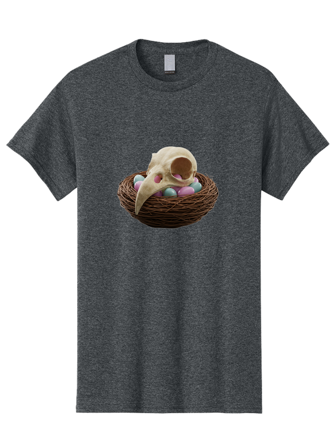 Crow-Skull-In-Nest Men'S Graphic Tee, 100% Cotton, Comfortable Casual Summer Wear, Machine Washable, Bird Skull In Nest, Pastel Eggs, Nest With Eggs, Bird Nest, Unusual Art, Surrealism, Quirky Decor, Unique Design, Bird Skull Art, Baa419 1