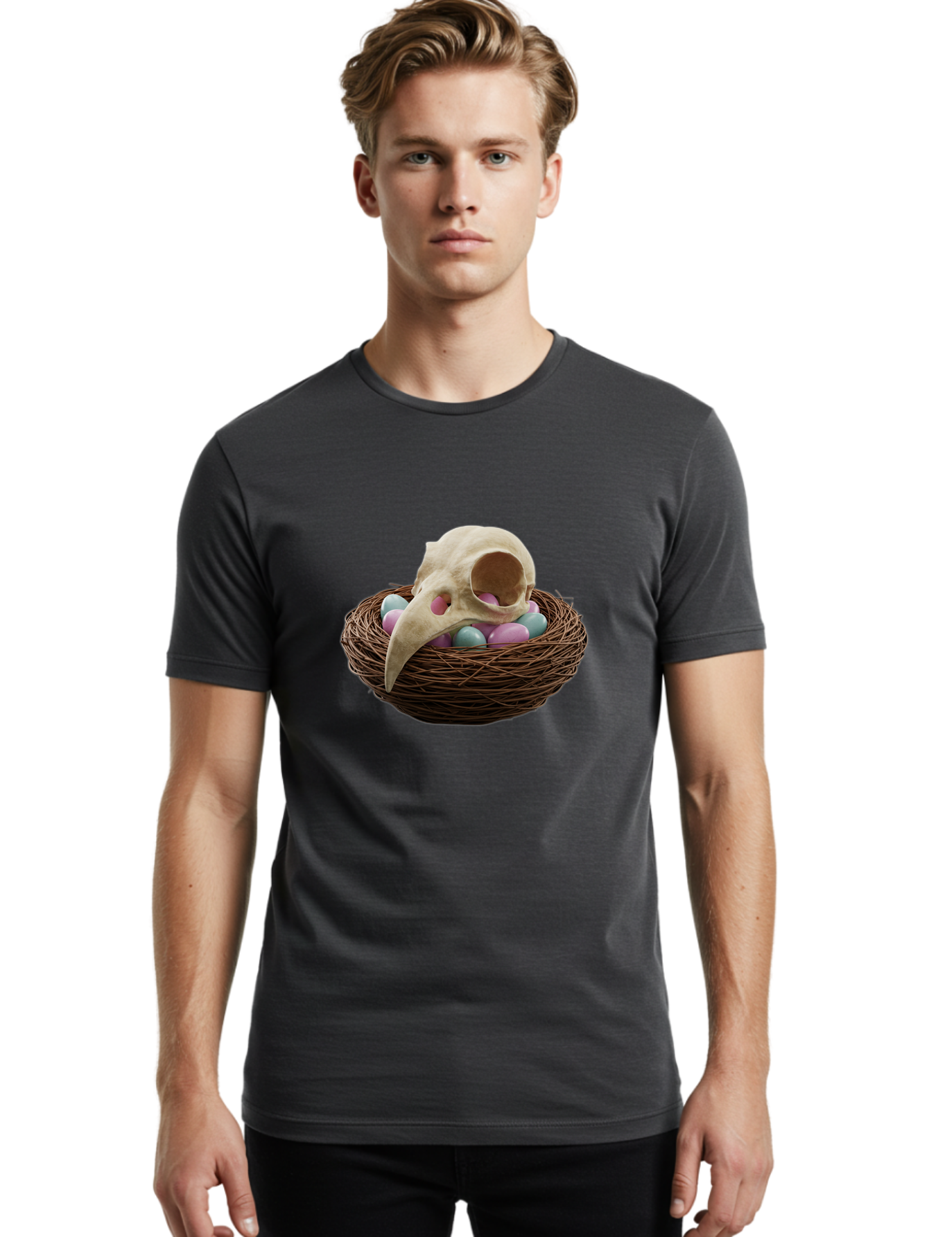 Crow-Skull-In-Nest Men'S Graphic Tee, 100% Cotton, Comfortable Casual Summer Wear, Machine Washable, Bird Skull In Nest, Pastel Eggs, Nest With Eggs, Bird Nest, Unusual Art, Surrealism, Quirky Decor, Unique Design, Bird Skull Art, Baa419 2
