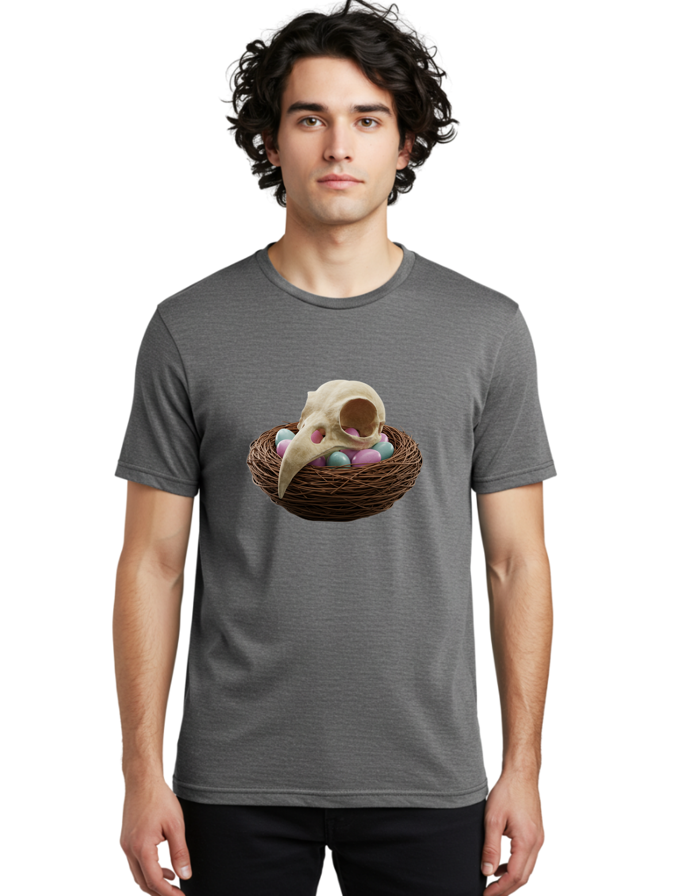 Crow-Skull-In-Nest Men'S Graphic Tee, 100% Cotton, Comfortable Casual Summer Wear, Machine Washable, Bird Skull In Nest, Pastel Eggs, Nest With Eggs, Bird Nest, Unusual Art, Surrealism, Quirky Decor, Unique Design, Bird Skull Art, Baa419 28
