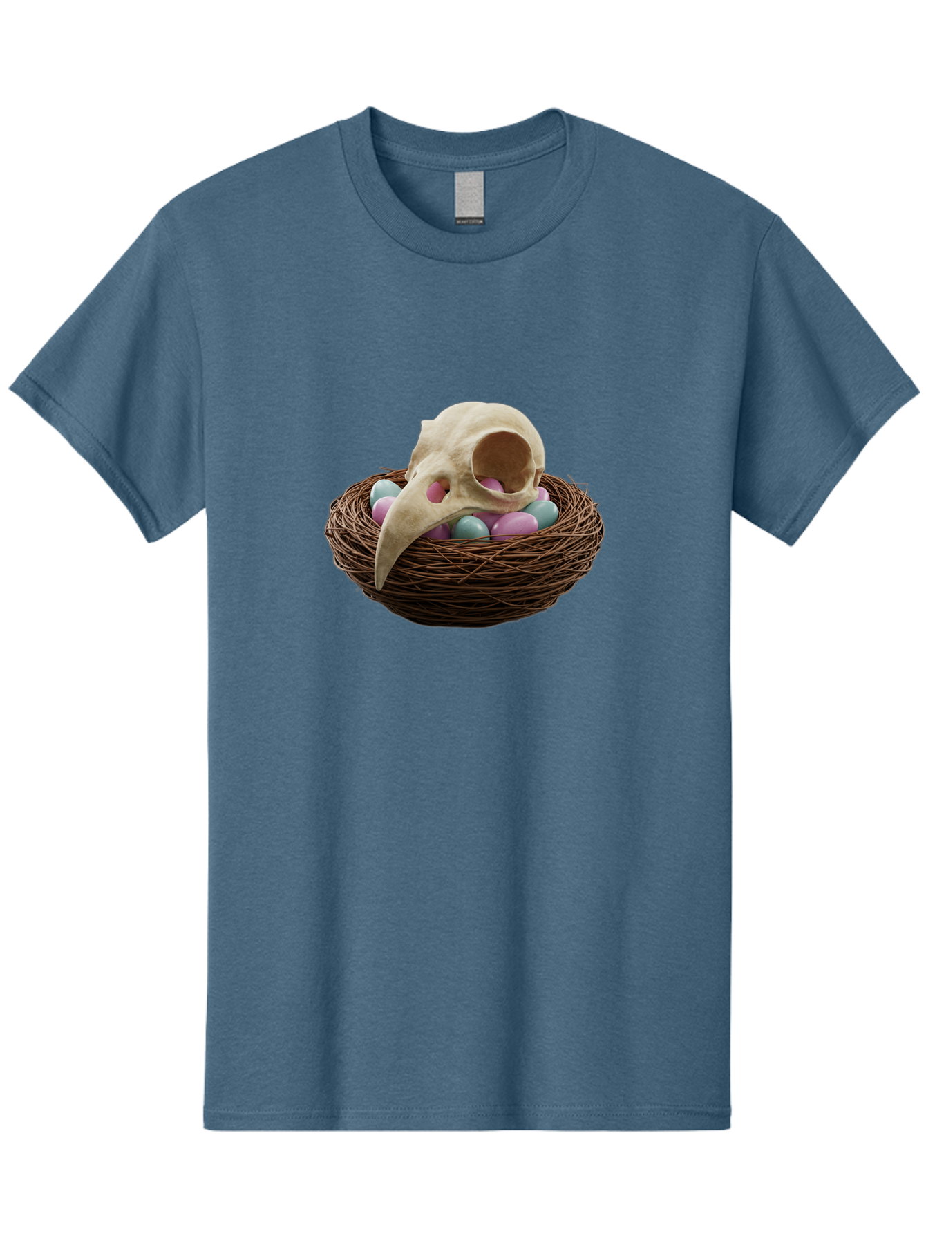 Crow-Skull-In-Nest Men'S Graphic Tee, 100% Cotton, Comfortable Casual Summer Wear, Machine Washable, Bird Skull In Nest, Pastel Eggs, Nest With Eggs, Bird Nest, Unusual Art, Surrealism, Quirky Decor, Unique Design, Bird Skull Art, Baa419 17