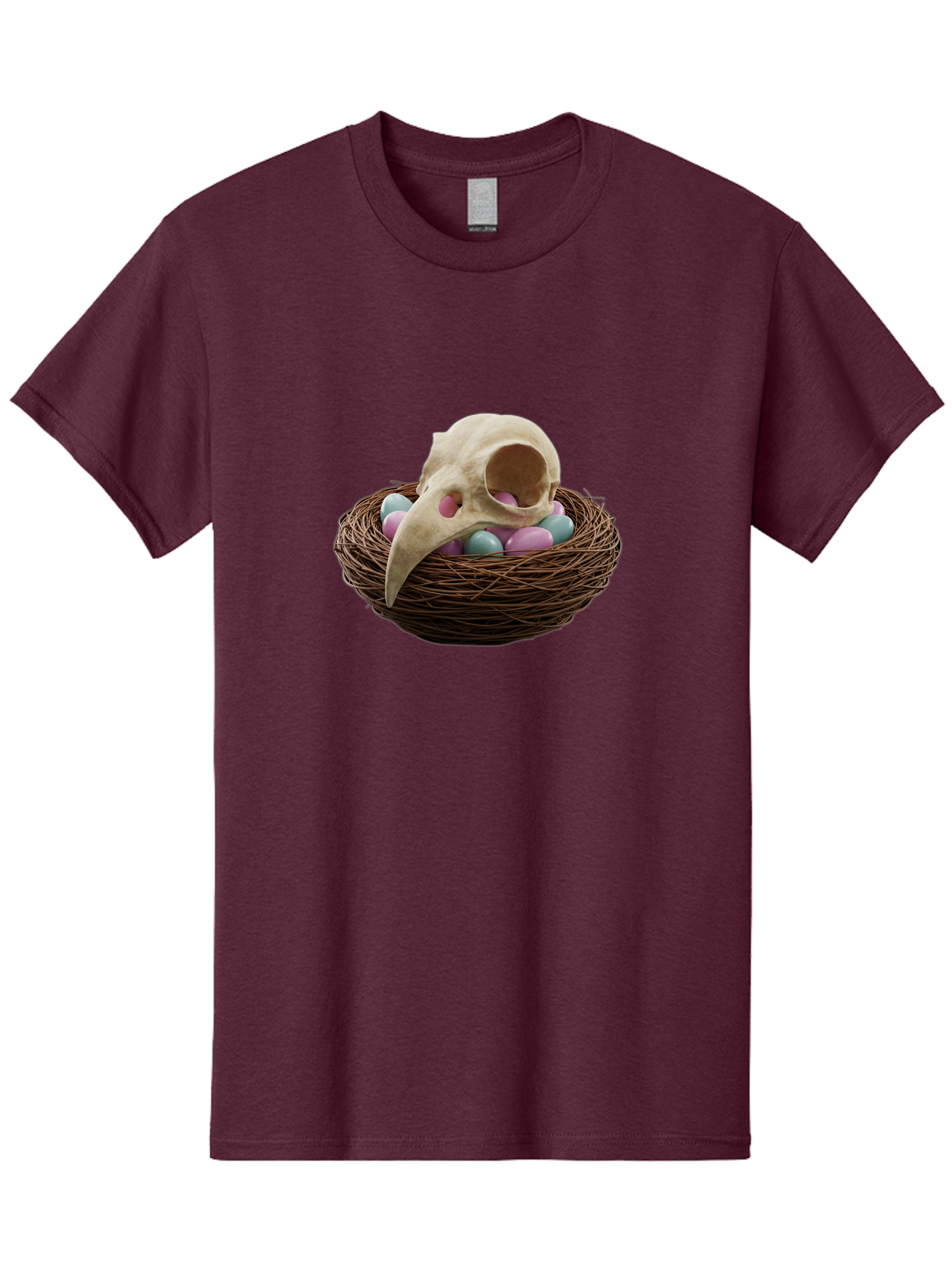 Crow-Skull-In-Nest Men'S Graphic Tee, 100% Cotton, Comfortable Casual Summer Wear, Machine Washable, Bird Skull In Nest, Pastel Eggs, Nest With Eggs, Bird Nest, Unusual Art, Surrealism, Quirky Decor, Unique Design, Bird Skull Art, Baa419 19
