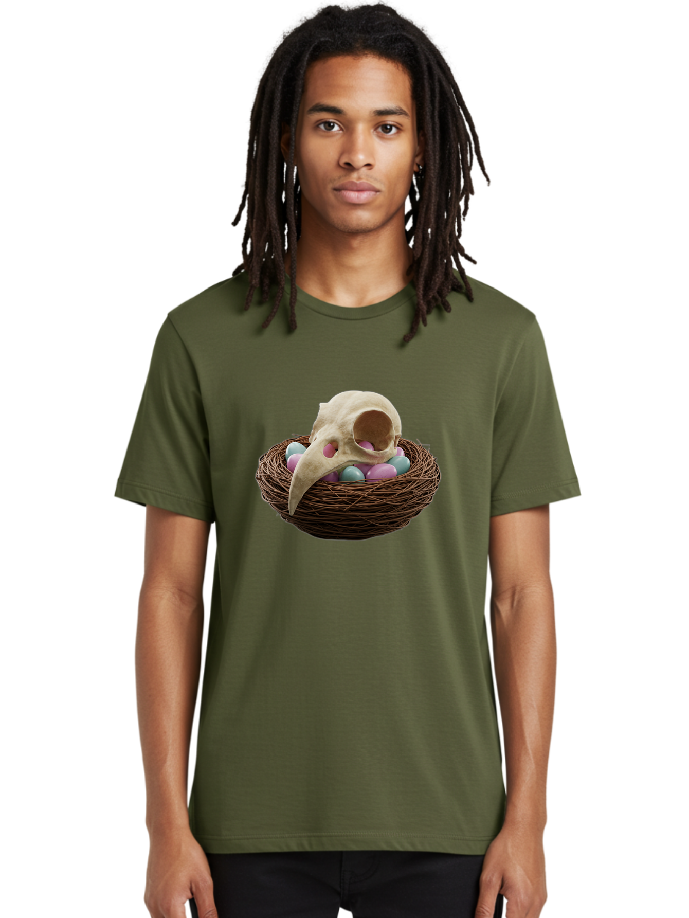 Crow-Skull-In-Nest Men'S Graphic Tee, 100% Cotton, Comfortable Casual Summer Wear, Machine Washable, Bird Skull In Nest, Pastel Eggs, Nest With Eggs, Bird Nest, Unusual Art, Surrealism, Quirky Decor, Unique Design, Bird Skull Art, Baa419 6