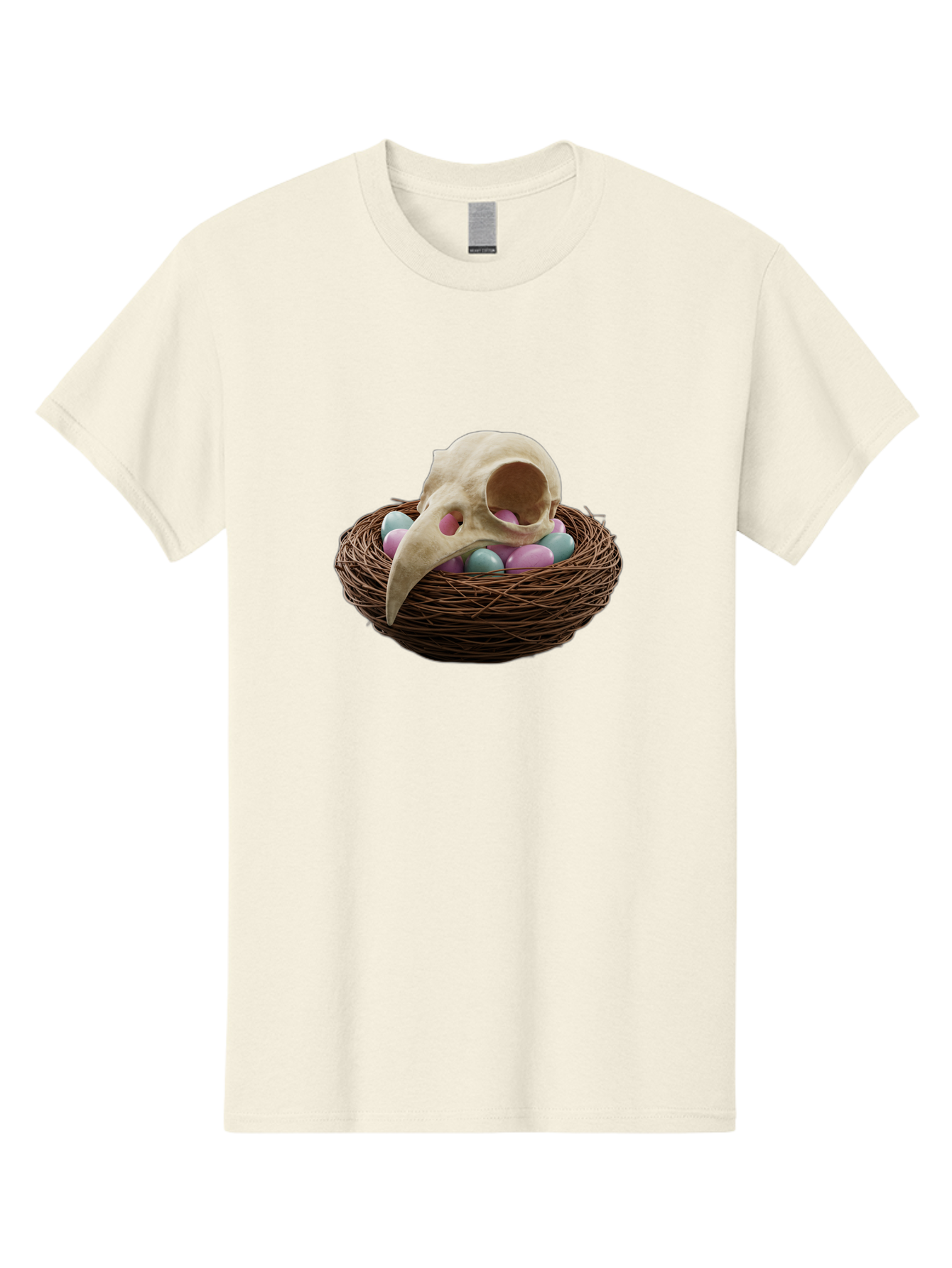 Crow-Skull-In-Nest Men'S Graphic Tee, 100% Cotton, Comfortable Casual Summer Wear, Machine Washable, Bird Skull In Nest, Pastel Eggs, Nest With Eggs, Bird Nest, Unusual Art, Surrealism, Quirky Decor, Unique Design, Bird Skull Art, Baa419 13