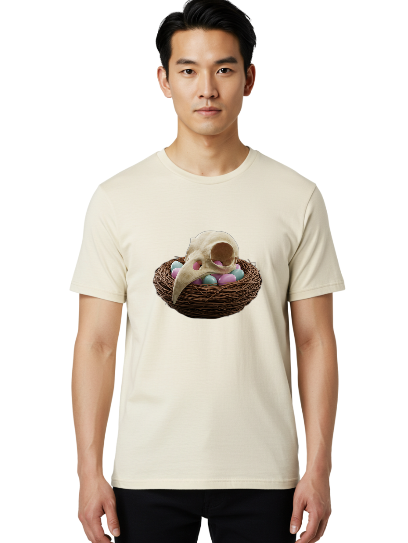 Crow-Skull-In-Nest Men'S Graphic Tee, 100% Cotton, Comfortable Casual Summer Wear, Machine Washable, Bird Skull In Nest, Pastel Eggs, Nest With Eggs, Bird Nest, Unusual Art, Surrealism, Quirky Decor, Unique Design, Bird Skull Art, Baa419 14