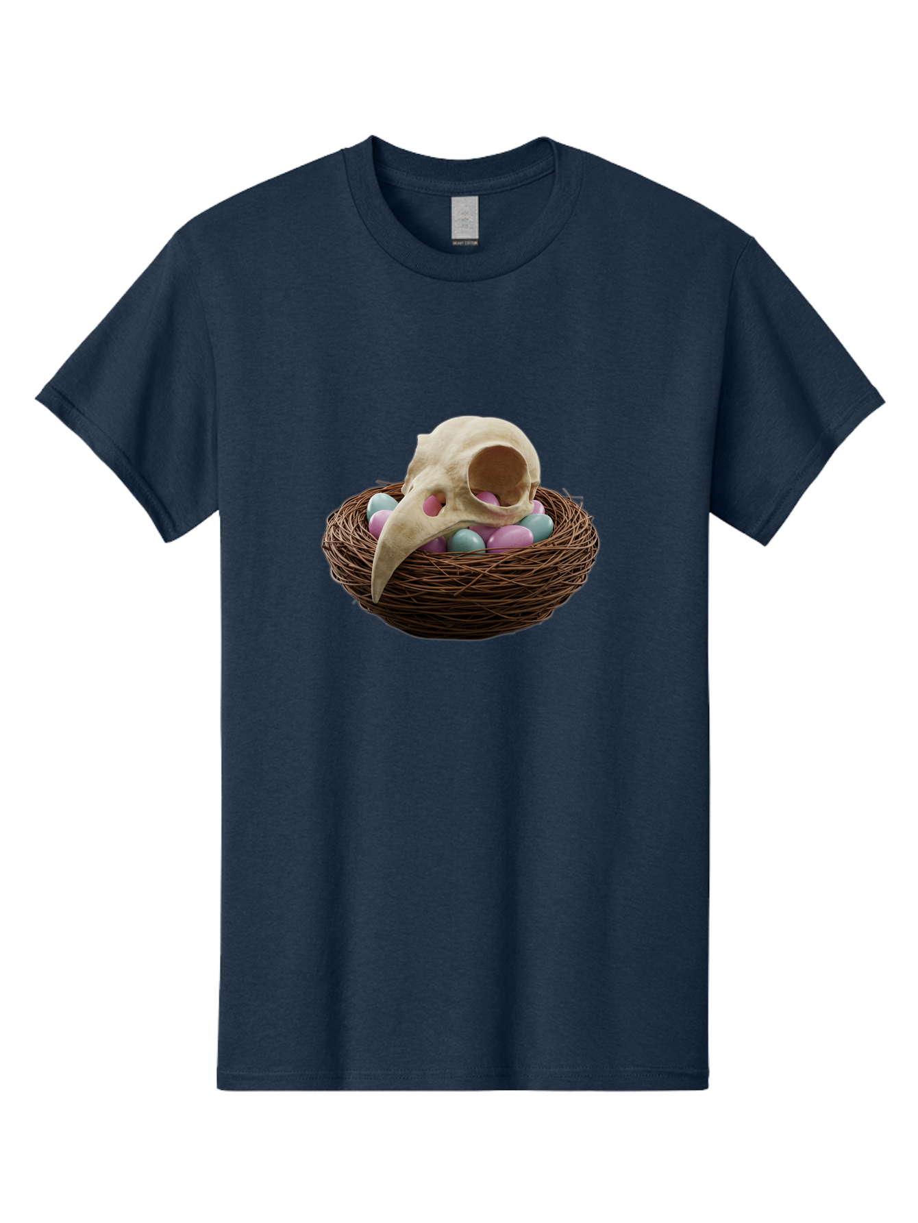 Crow-Skull-In-Nest Men'S Graphic Tee, 100% Cotton, Comfortable Casual Summer Wear, Machine Washable, Bird Skull In Nest, Pastel Eggs, Nest With Eggs, Bird Nest, Unusual Art, Surrealism, Quirky Decor, Unique Design, Bird Skull Art, Baa419 9