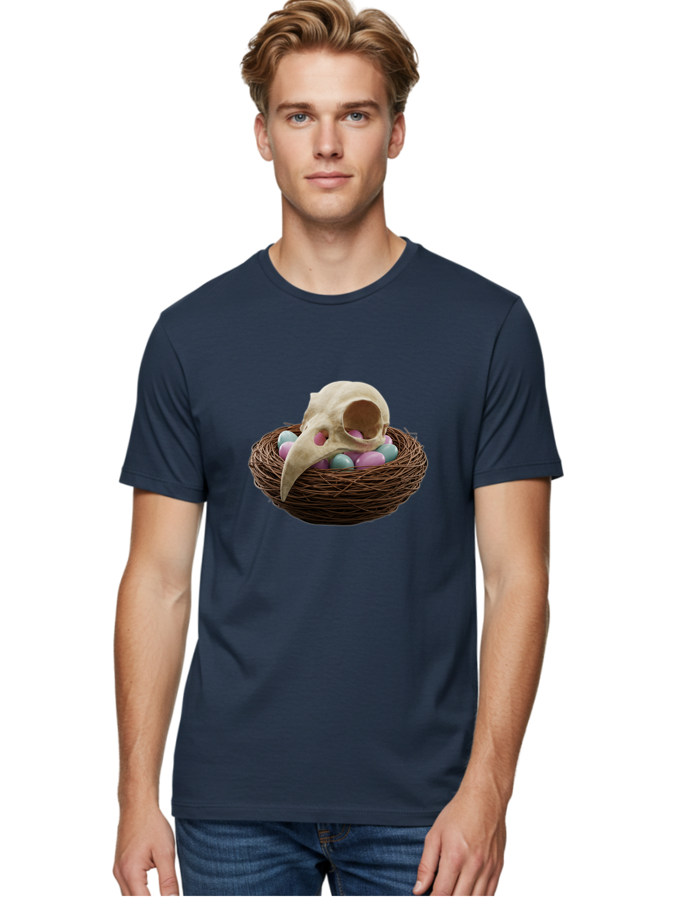 Crow-Skull-In-Nest Men'S Graphic Tee, 100% Cotton, Comfortable Casual Summer Wear, Machine Washable, Bird Skull In Nest, Pastel Eggs, Nest With Eggs, Bird Nest, Unusual Art, Surrealism, Quirky Decor, Unique Design, Bird Skull Art, Baa419 10