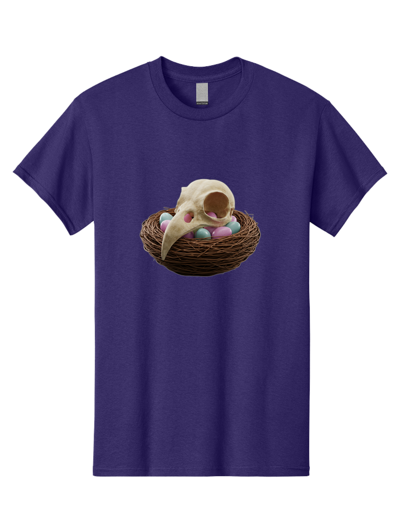 Crow-Skull-In-Nest Men'S Graphic Tee, 100% Cotton, Comfortable Casual Summer Wear, Machine Washable, Bird Skull In Nest, Pastel Eggs, Nest With Eggs, Bird Nest, Unusual Art, Surrealism, Quirky Decor, Unique Design, Bird Skull Art, Baa419 23