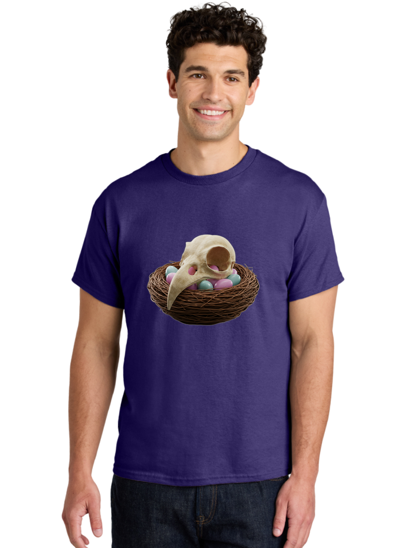Crow-Skull-In-Nest Men'S Graphic Tee, 100% Cotton, Comfortable Casual Summer Wear, Machine Washable, Bird Skull In Nest, Pastel Eggs, Nest With Eggs, Bird Nest, Unusual Art, Surrealism, Quirky Decor, Unique Design, Bird Skull Art, Baa419 24