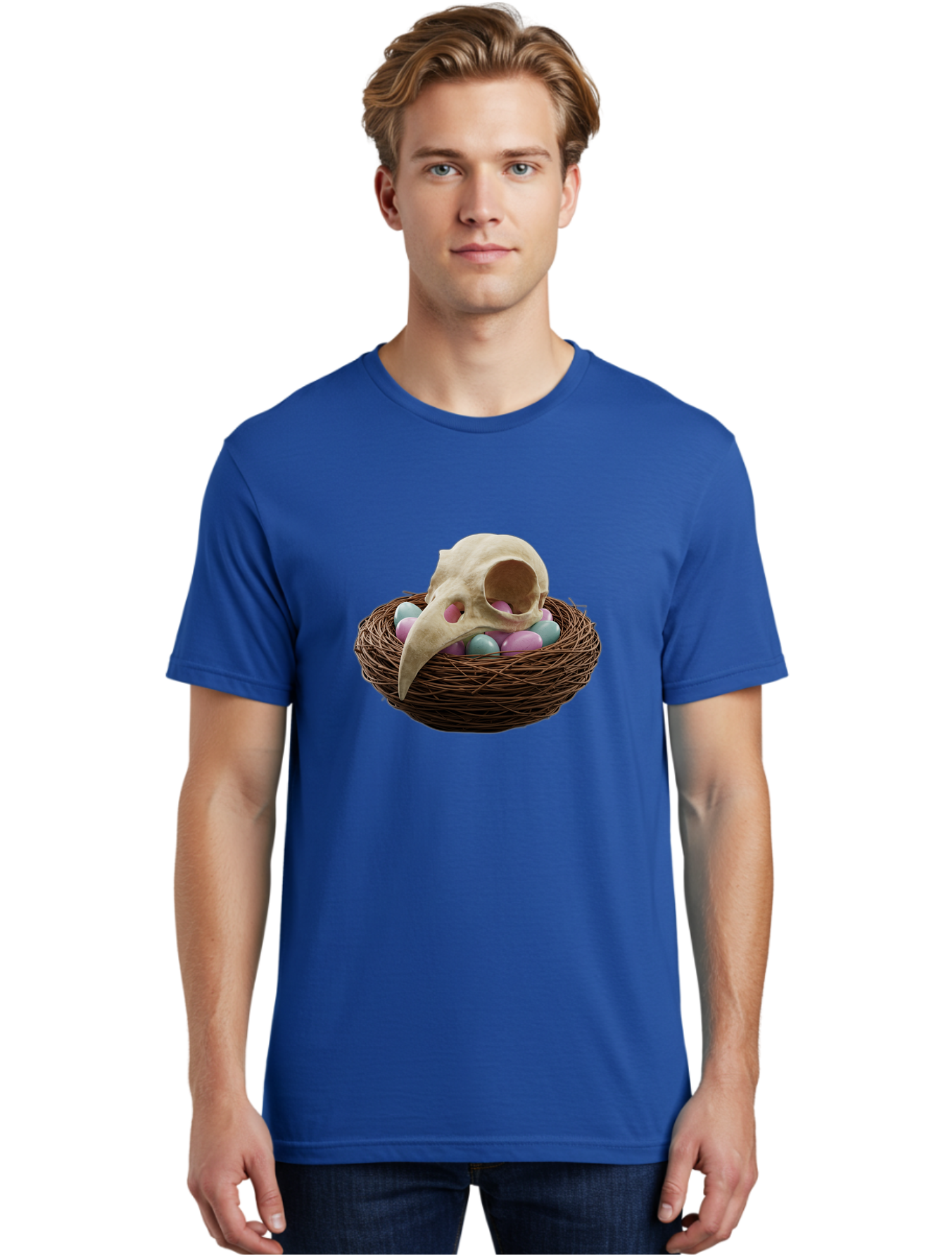 Crow-Skull-In-Nest Men'S Graphic Tee, 100% Cotton, Comfortable Casual Summer Wear, Machine Washable, Bird Skull In Nest, Pastel Eggs, Nest With Eggs, Bird Nest, Unusual Art, Surrealism, Quirky Decor, Unique Design, Bird Skull Art, Baa419 8