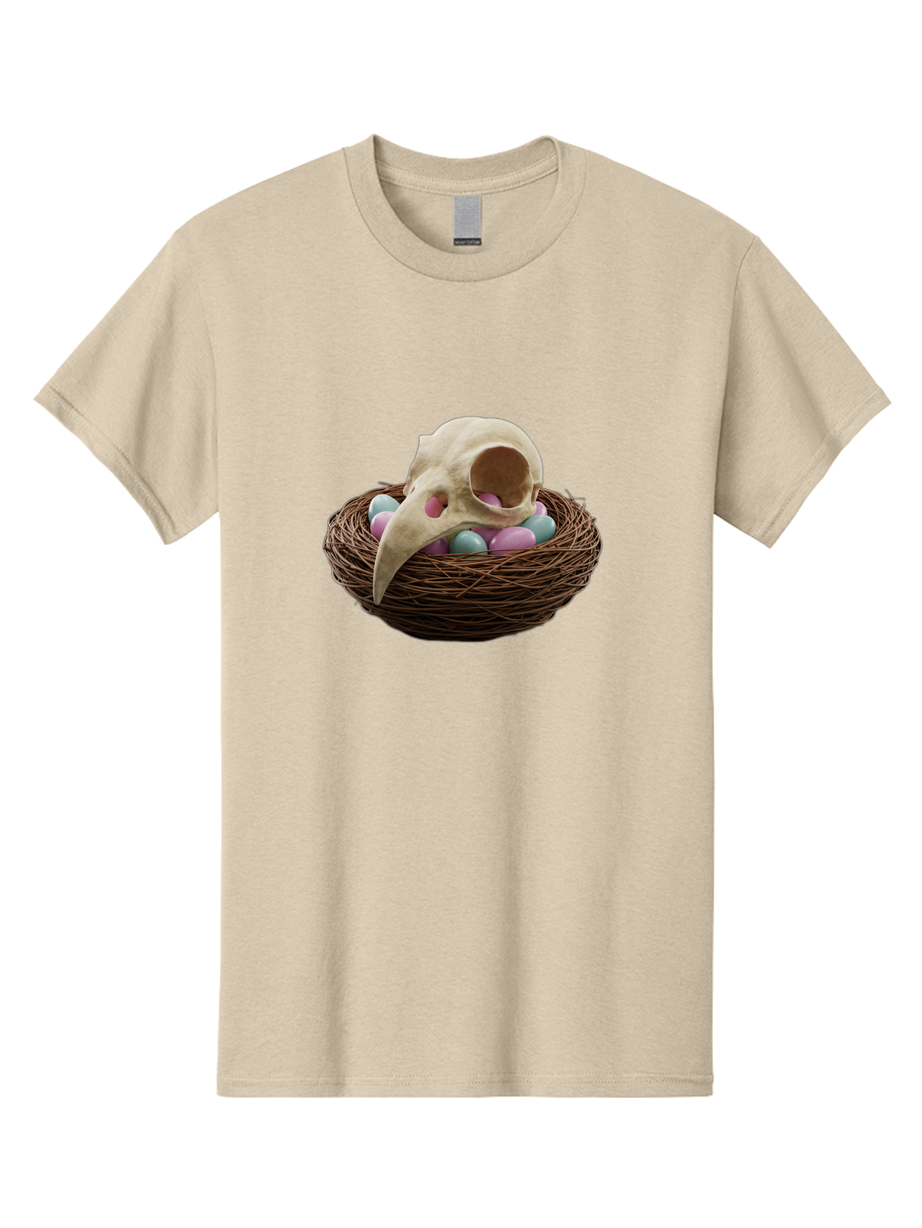 Crow-Skull-In-Nest Men'S Graphic Tee, 100% Cotton, Comfortable Casual Summer Wear, Machine Washable, Bird Skull In Nest, Pastel Eggs, Nest With Eggs, Bird Nest, Unusual Art, Surrealism, Quirky Decor, Unique Design, Bird Skull Art, Baa419 21