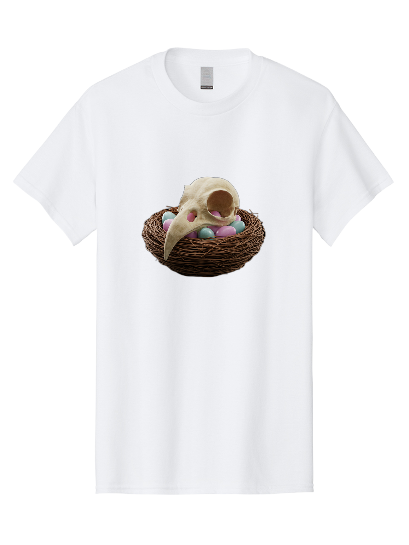 Crow-Skull-In-Nest Men'S Graphic Tee, 100% Cotton, Comfortable Casual Summer Wear, Machine Washable, Bird Skull In Nest, Pastel Eggs, Nest With Eggs, Bird Nest, Unusual Art, Surrealism, Quirky Decor, Unique Design, Bird Skull Art, Baa419 3